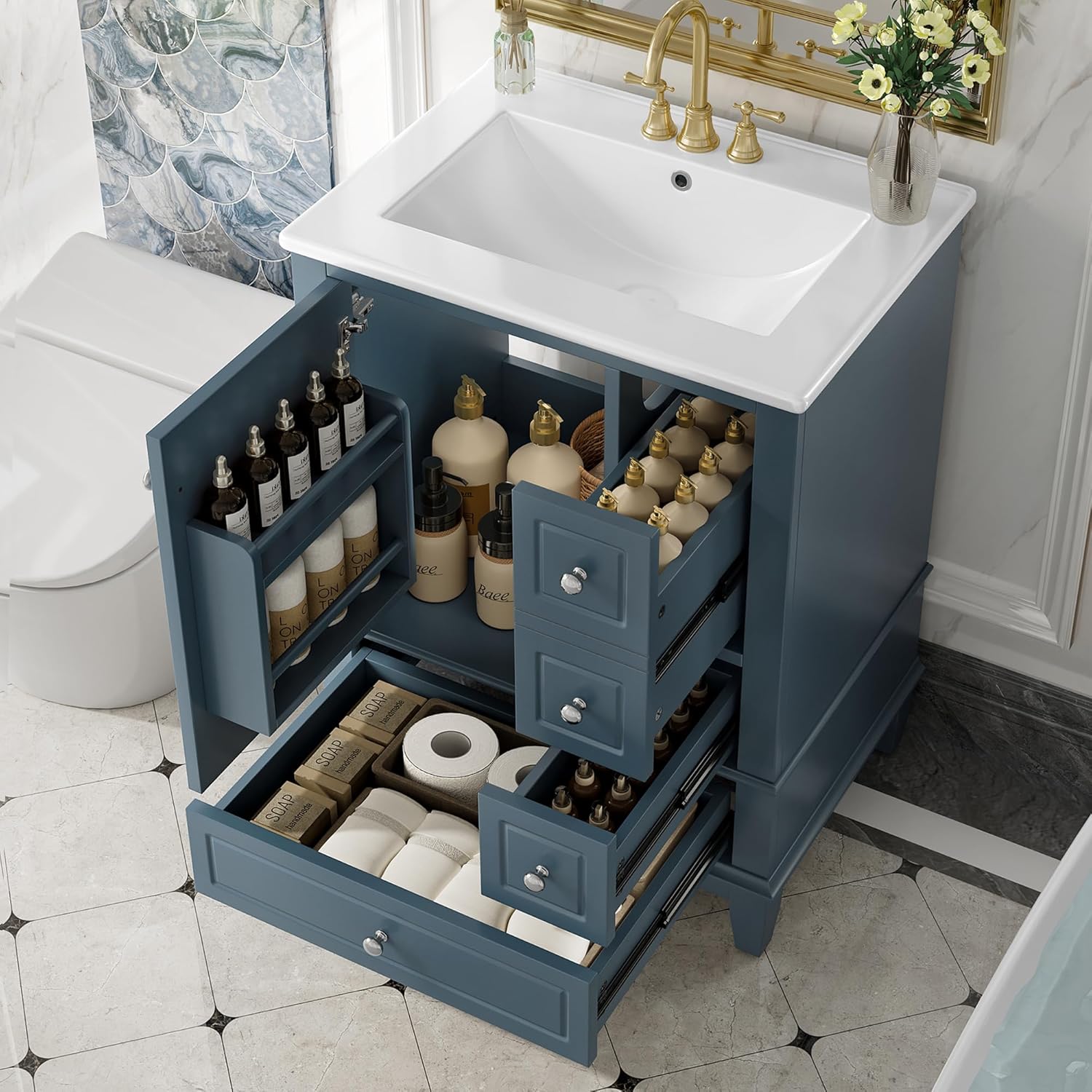 Mirightone 24' Vanity with Sink, Small Bathroom Vanities 24 Inch with Sink, Single Sink Bathroom Vanity with Door Shelf and Three Drawers, Restroom Vanity with Sink Top (Blue)