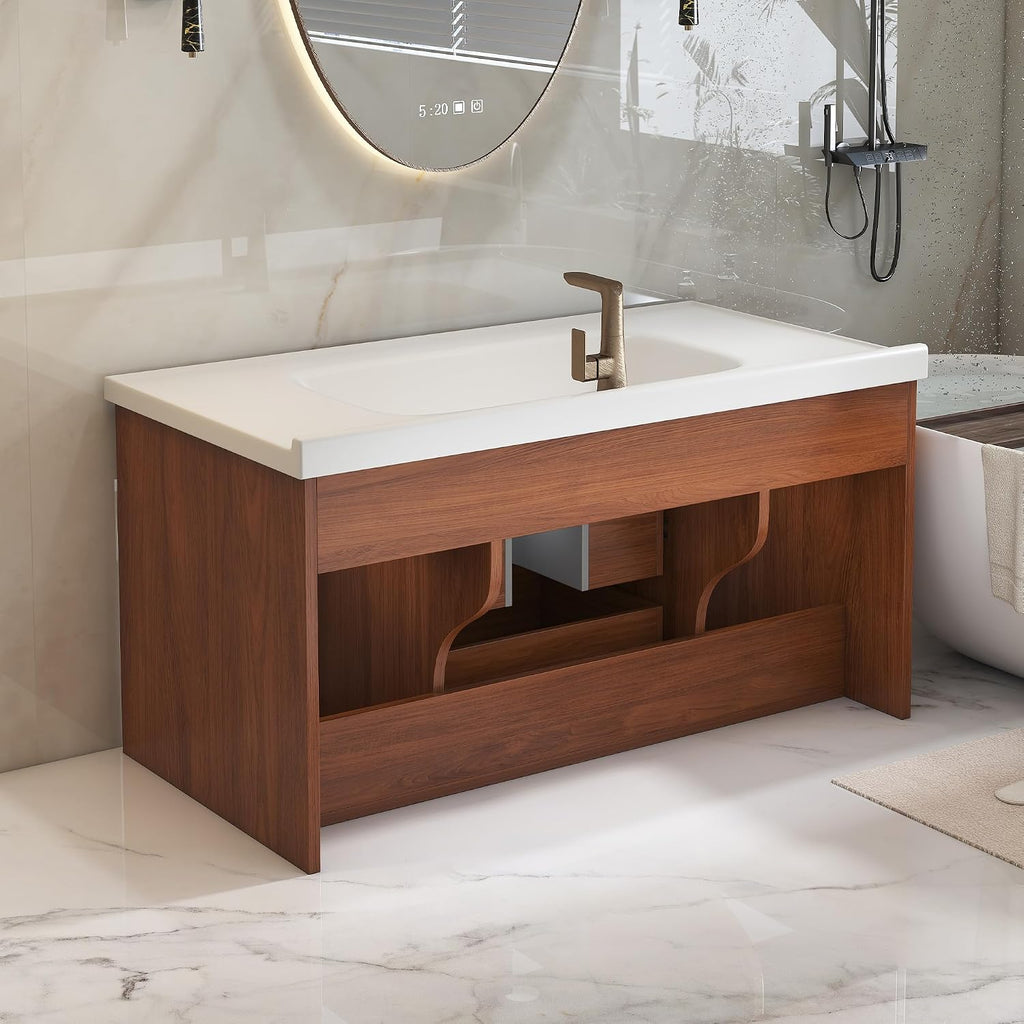 36' Floating Bathroom Vanity with Single Sink, Modern Wall Mounted Bathroom Vanities with Ceramic Basin, Wood Bathroom Vanity Cabinet with 2 Drawers and 2 Open Cabinets, Walnut