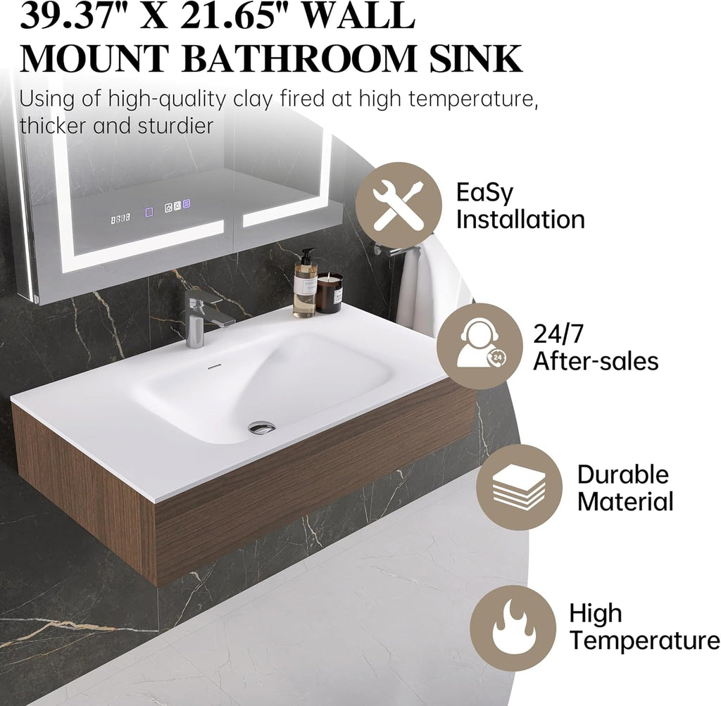Rectangular Single Sink Bathroom Vanity Top White Solid Surface Resin Vanity Top, Vanity Top with Sink (White 39X21 inch)