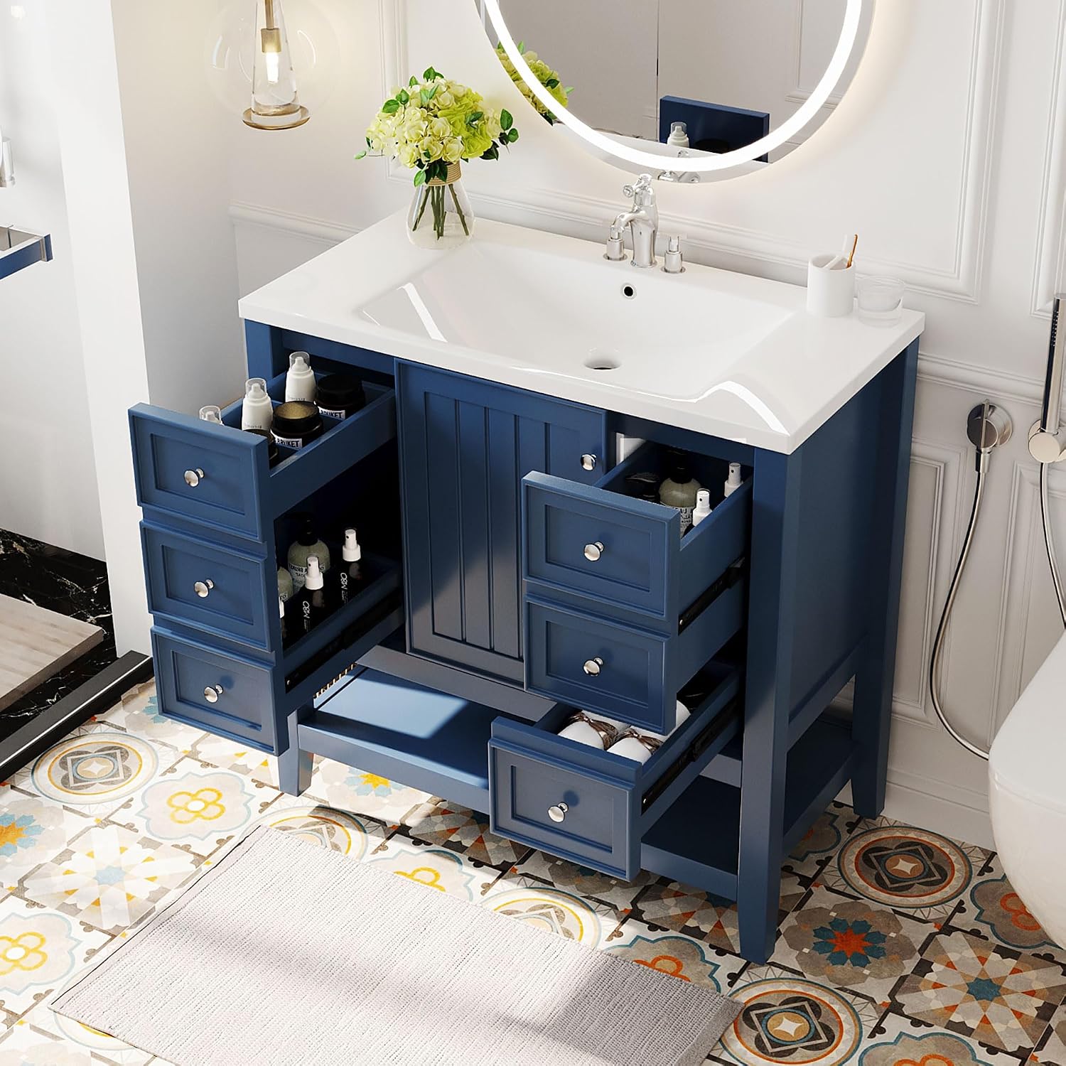 36' Vanity Bathroom Cabinet with Sink Top, Three Multi-Functional Drawers, Open Storage Space, Adjustable Shelf, Blue