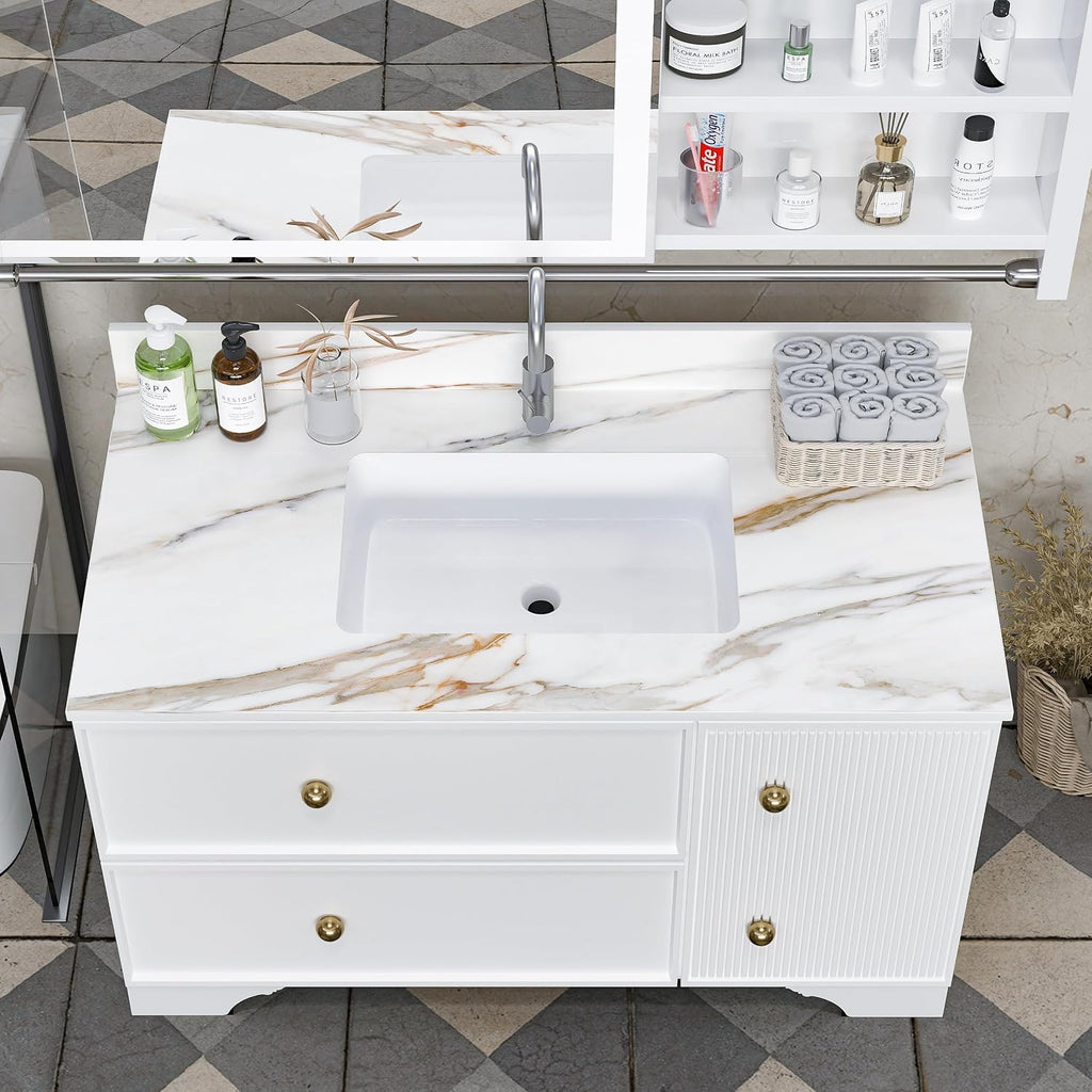 43 Inch Marble Vanity Top with Sink, Sintered Stone Vanity Sink Top with Undermount Ceramic Sink & Backsplash, Single Hole Countertops for Bathroom (Belly Golden)