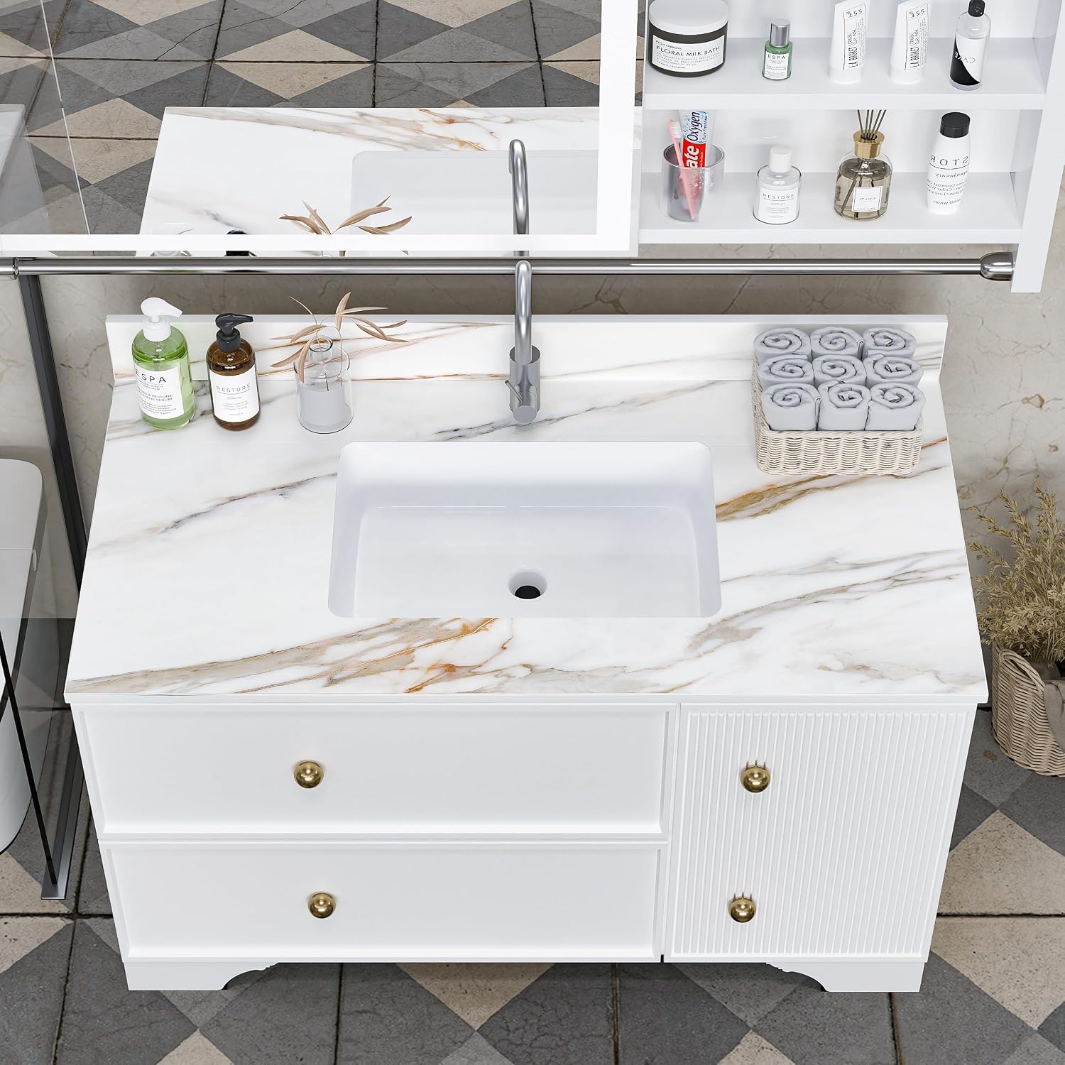 43 Inch Marble Vanity Top with Sink, Sintered Stone Vanity Sink Top with Undermount Ceramic Sink & Backsplash, Single Hole Countertops for Bathroom (Belly Golden)