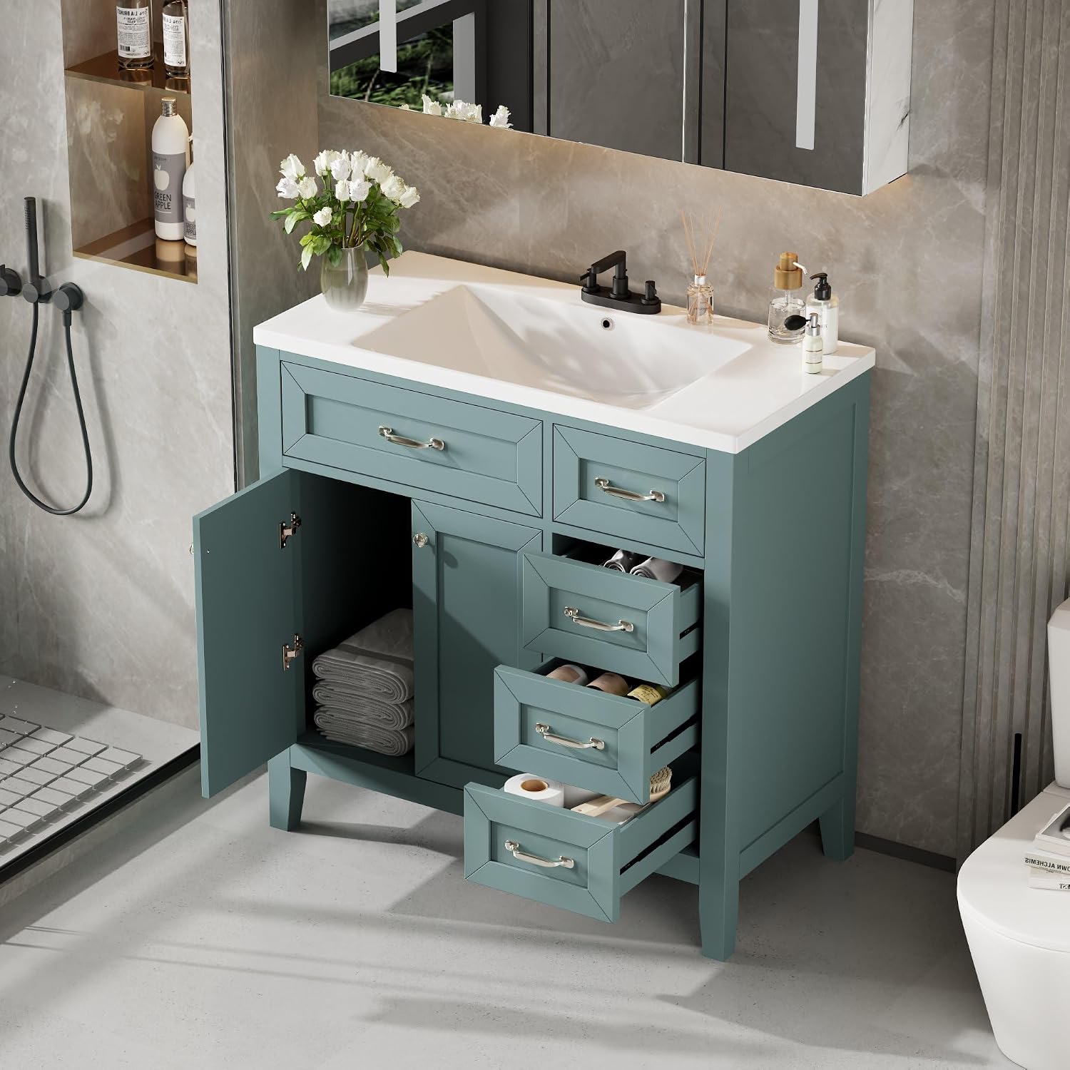 36' Bathroom Vanity with Sink Top, Freestanding Cabinet with Drawers, Soft Closing Doors, Solid Wood Frame & MDF Board