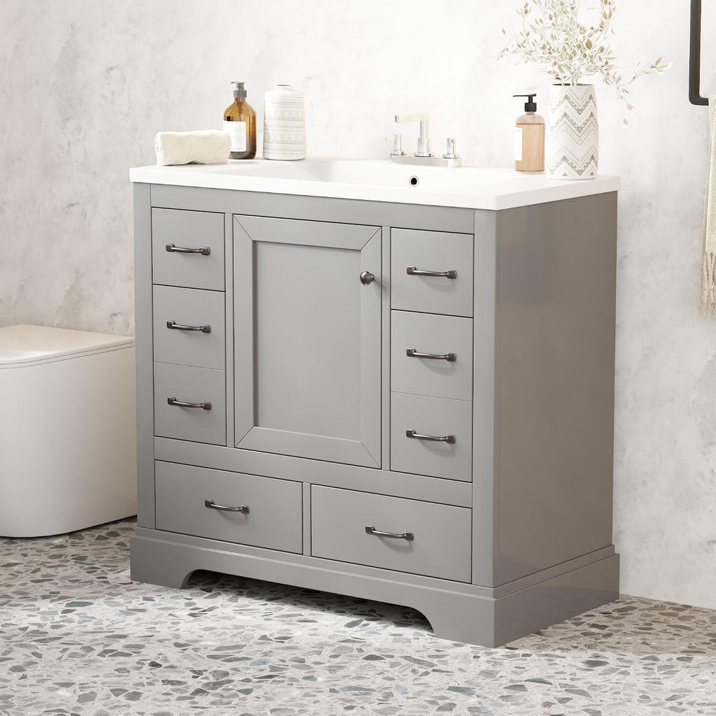 36' Vanity Bathroom Cabinet with Sink Top, Six Multi-Functional Drawers, Adjustable Shelf, Soft-Closing Door, Grey