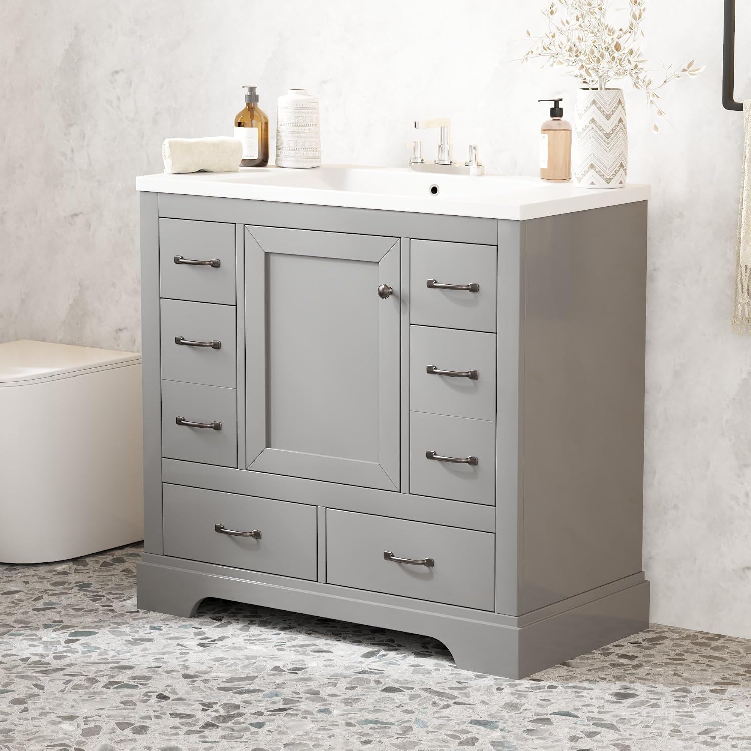 36' Vanity Bathroom Cabinet with Sink Top, Six Multi-Functional Drawers, Adjustable Shelf, Soft-Closing Door, Grey