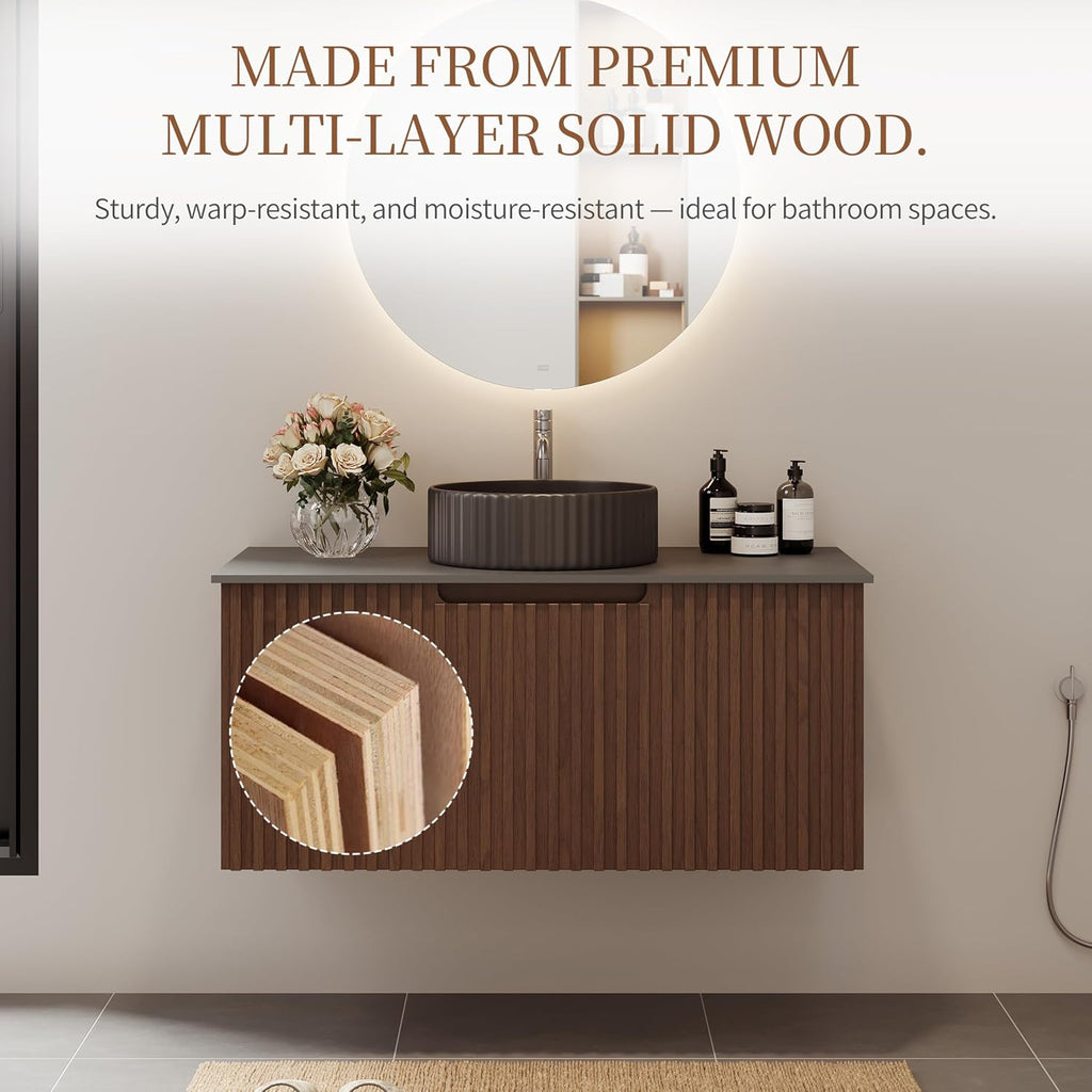 36' Floating Bathroom Vanity with Sink, Modern Wall Mounted Vanity Bathroom Storage Cabinet with Dark Gray Sintered Stone Top Black Ceramic Basin, Walnut