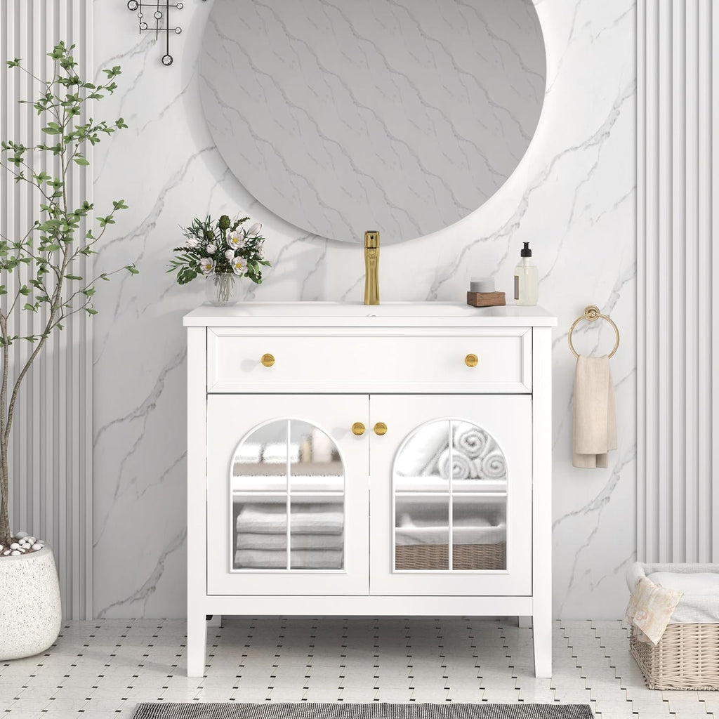 36 inch Bathroom Vanity with Sink Combo, Mid Century Modern Freestanding Bathroom Cabinet with Integrated Ceramic Sink, Flip Top Drawer, Flower Patterned Glass Doors, Adjustable Shelves, White