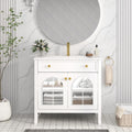 36 inch Bathroom Vanity with Sink Combo, Mid Century Modern Freestanding Bathroom Cabinet with Integrated Ceramic Sink, Flip Top Drawer, Flower Patterned Glass Doors, Adjustable Shelves, White