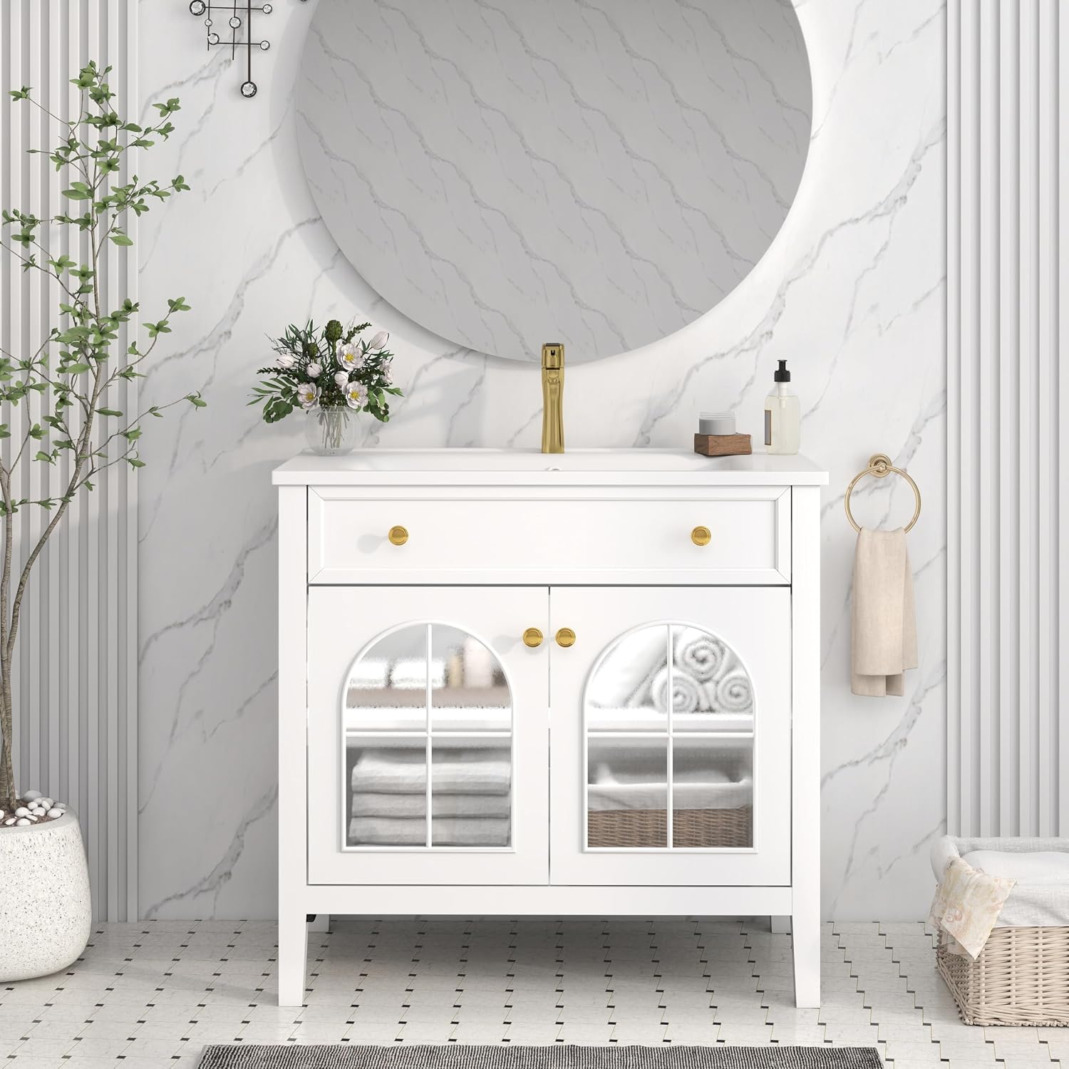 36 inch Bathroom Vanity with Sink Combo, Mid Century Modern Freestanding Bathroom Cabinet with Integrated Ceramic Sink, Flip Top Drawer, Flower Patterned Glass Doors, Adjustable Shelves, White