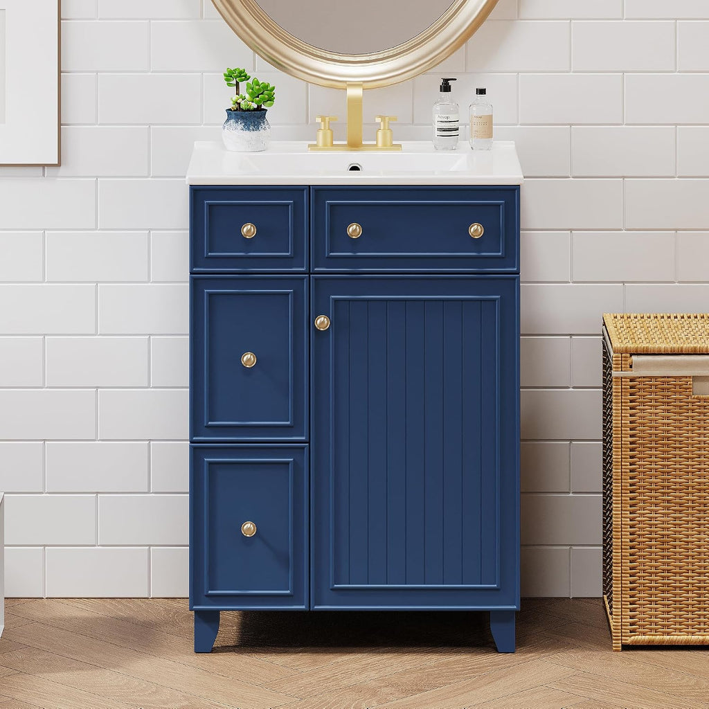 24-inch Bathroom Vanity with Sink Combo Set, Free-Standing Single Storage Cabinet with 2 Drawers and Single Door, Vanity with Ceramic Basin for Bathroom (Blue)