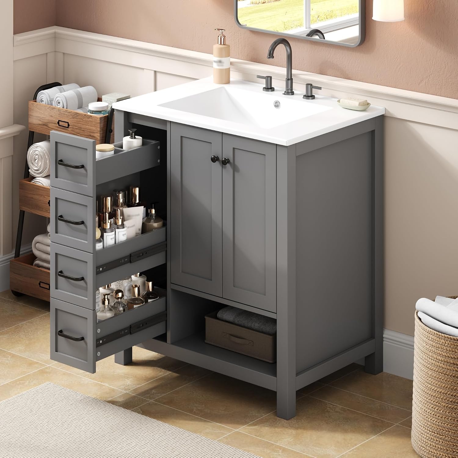 LUMISOL 30 Inch Bathroom Vanity with Ceramic Sink, Freestanding Bathroom Vanity with 2 Drawers, Soft-Close Doors & Open Shelf, Solid Wood Bathroom Cabinet with Offset Sink, Gray