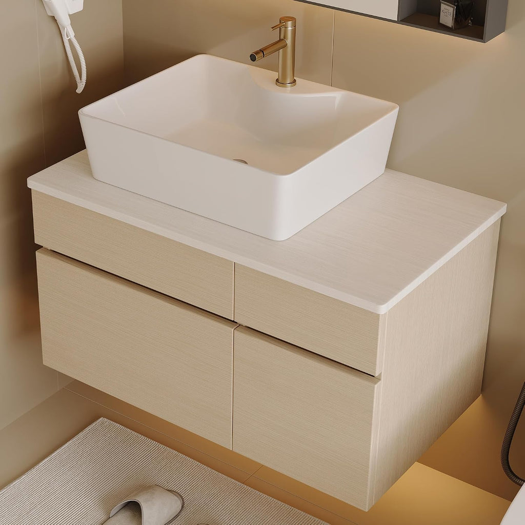 32' Floating Bathroom Vanity with Single Sink, Modern Wall Mounted Bathroom Vanities with Above Ceramic Basin, Wood Bathroom Vanity Cabinet with 1 Drawers and 2 Storage Cabinets, Natural