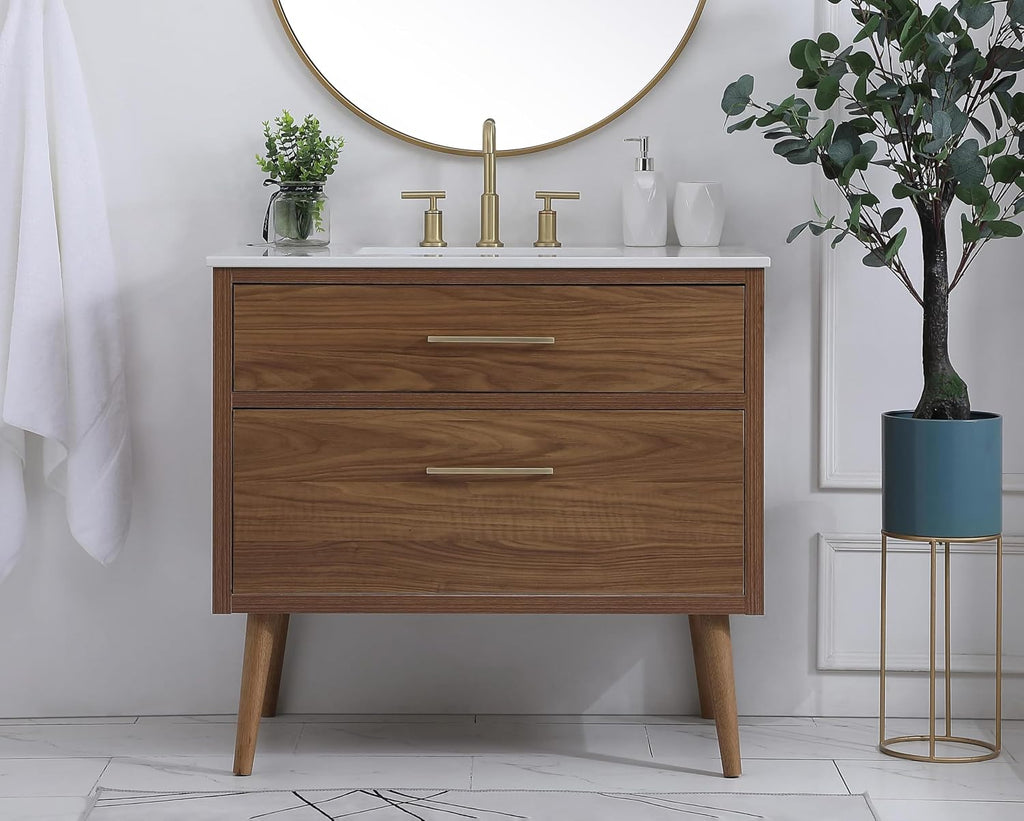 36' Pre-Assembled Bathroom Vanity with Sink, Engineered Wood, Ivory White Engineered Marble Countertop Attached, Single Rectangle Porcelain Sink, 2 Soft-Close Drawers, Walnut Brown