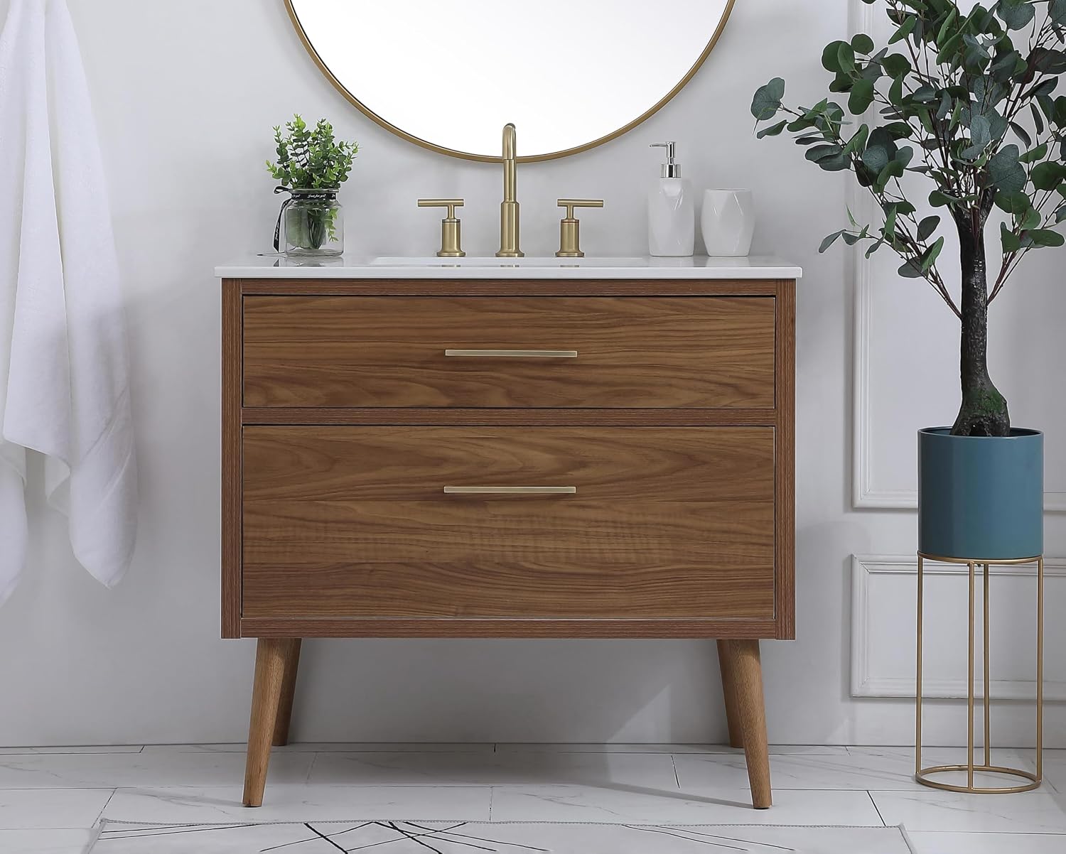 36' Pre-Assembled Bathroom Vanity with Sink, Engineered Wood, Ivory White Engineered Marble Countertop Attached, Single Rectangle Porcelain Sink, 2 Soft-Close Drawers, Walnut Brown