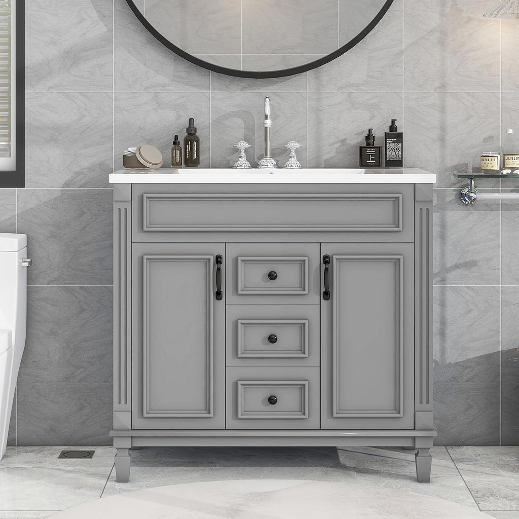 Linique 36' Bathroom Vanity with Top Sink,Bathroom Storage Cabinet with 2 Soft Closing Doors and 3 Storage Drawers,Modern Single Sink Bathroom Vanity(Gray)