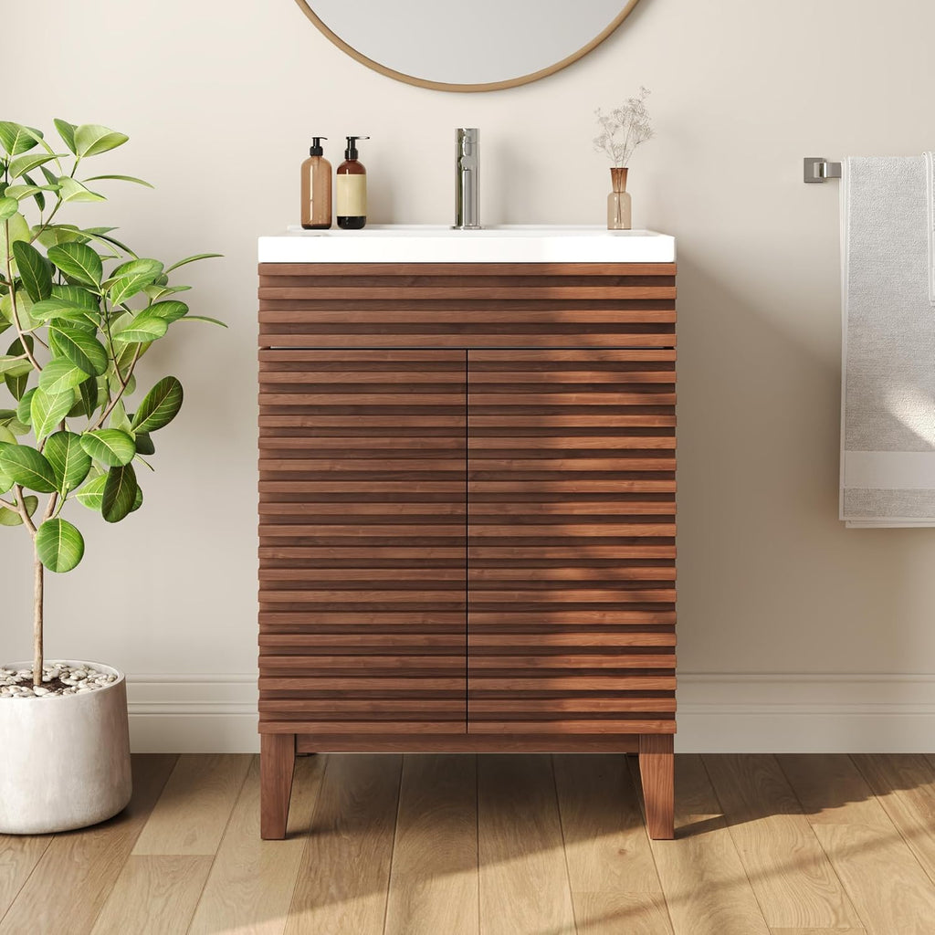 DeerValley 24' Bathroom Vanity with Ceramic Sink Top, Multifunctional Storage Space Vanity, Soft Closing Doors, Pre-Assembled Mid-Century Wood Bathroom Cabinet Sink Combo in Walnut White