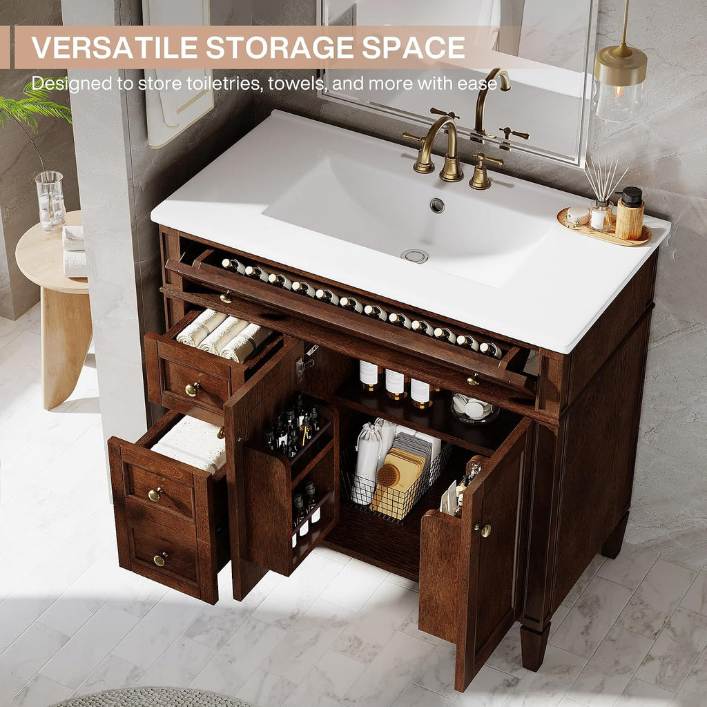 Tribesigns 36' Bathroom Vanity with Sink, Farmhouse Bathroom Sink Cabinet with 4 Drawers & 2 Doors, Bath Storage Vanity Sink with Metal Handles, Solid Wood Frame, Paint Surface Brown