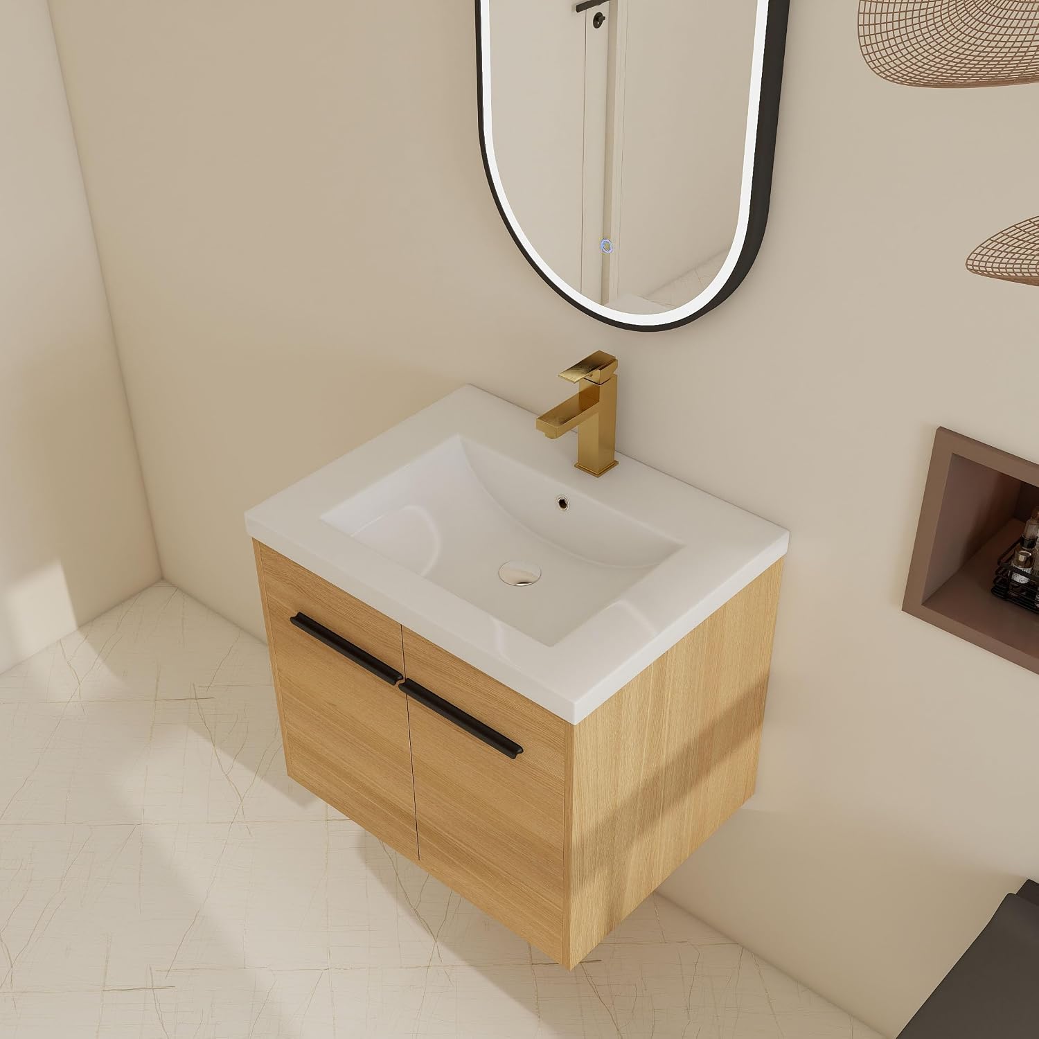 24 Inch Floating Bathroom Vanity with Sink, 24'' Wall Mount Vanity with Resin Countertop, Soft Close Doors, Double Door Storage Cabinet for Small Bathroom, Apartment, Powder Room