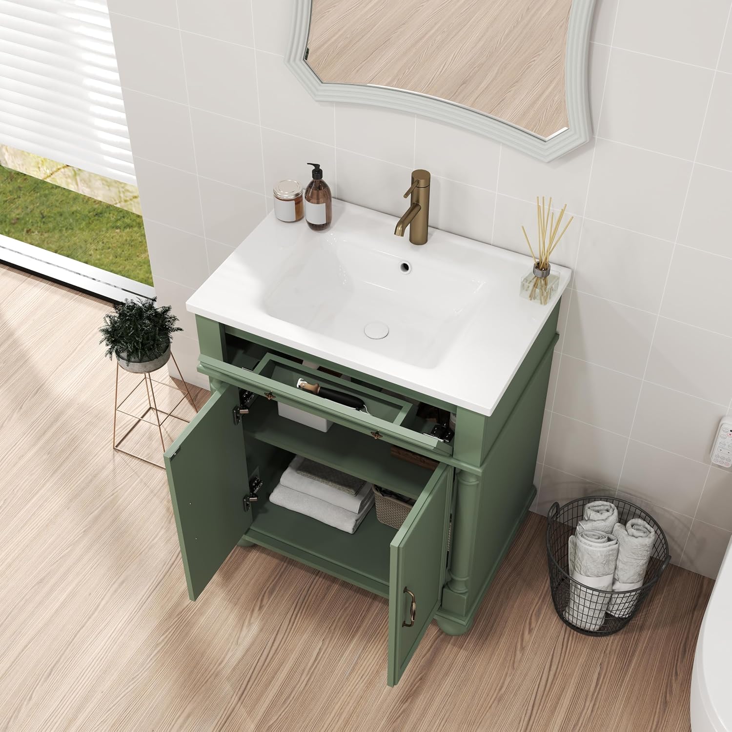 28 Inch Mid-Century Bathroom Vanity with Sink, Green Solid Wood Frame with Roman Column Base, Freestanding Cabinet with Metal Handles and Storage (Green)