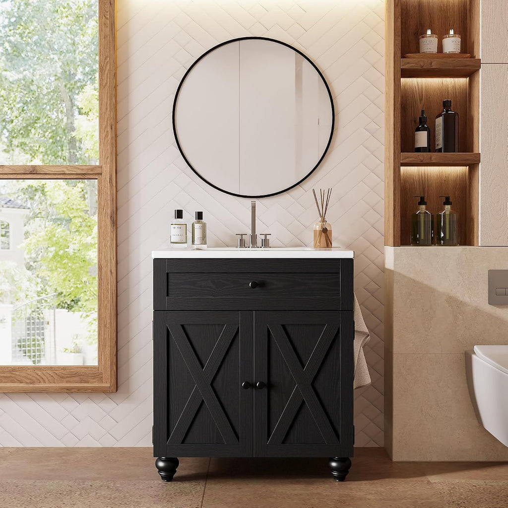 30 Inch Bathroom Vanity with Sink Easy-to-Install 30' Bathroom Vanity 2-Tier Large Storage Areas with Adjustable Shelves 4-Tier Storage Compartments Tip-out Drawer 2 Hooks Solid Wood Legs Black