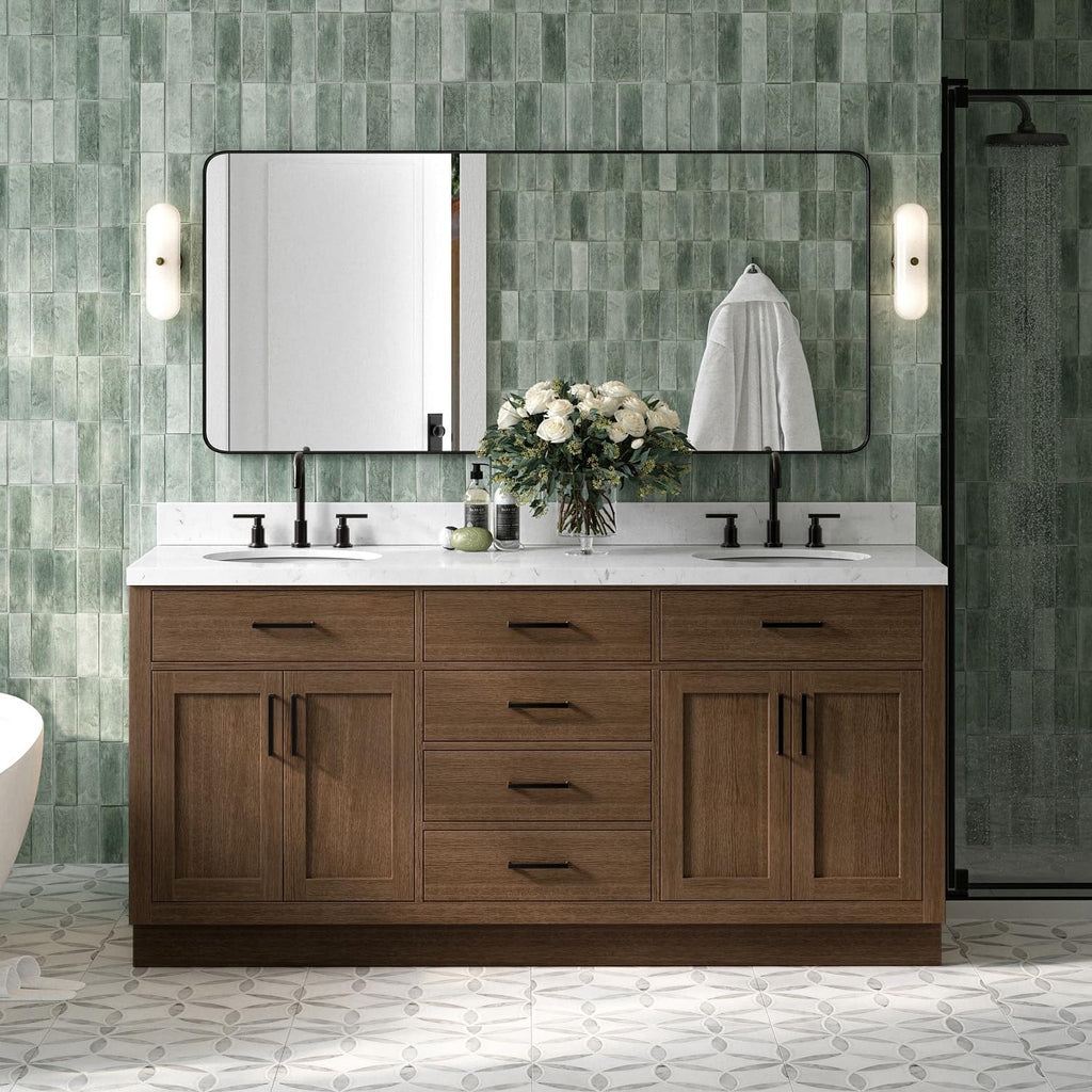 ARIEL Hepburn 72-inch Bathroom Vanity with Sink,Solid Wood, 1.5-inch Carrara White Quartz Countertop & Backsplash, Double Oval Porcelain Sink, 4 Soft Closing Doors, 6 Dovetail Drawers, Brown Oak