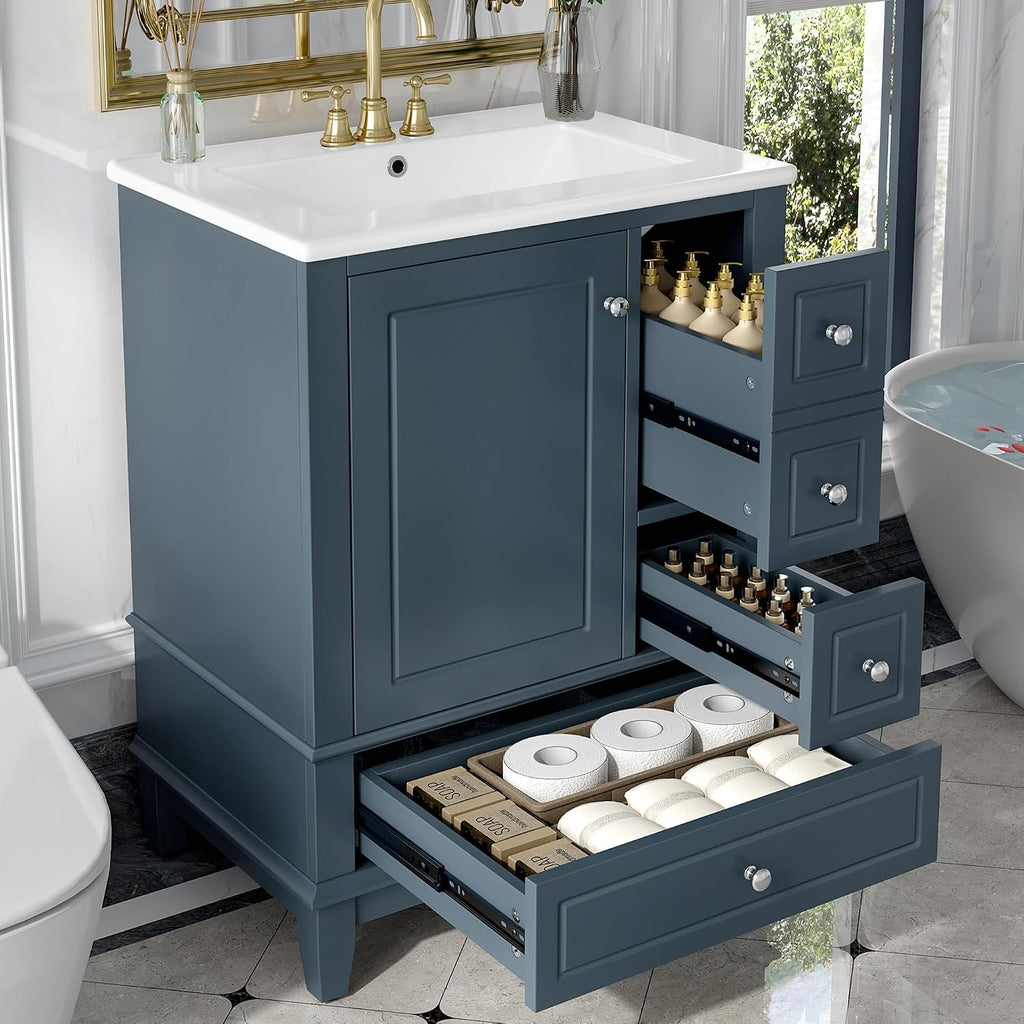 24' Modern Freestanding Bathroom Vanity with Ceramic Sink Top, 3 Drawers & Storage Shelves - MDF & Solid Wood Base, Left Blue
