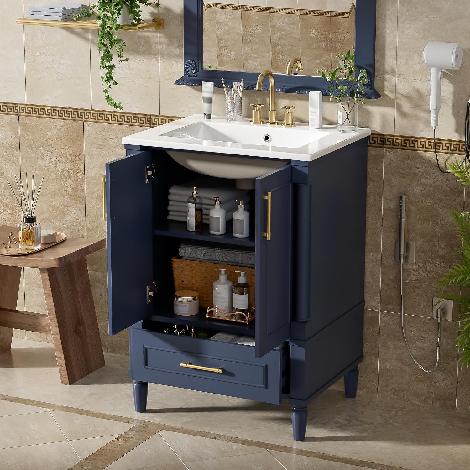 VilroCaz 24' Modern Bathroom Vanity with Ceramic Sink, Ornate Motif Design Doors & Soft-Close Hinges, Wood Bathroom Cabinet with Drawer, Ornately Carved French Cylinder Legs (Dark Blue-4.23)