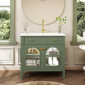 36 inch Bathroom Vanity with Sink Combo, Mid Century Modern Freestanding Bathroom Cabinet with Integrated Ceramic Sink, Flip Top Drawer, Flower Patterned Glass Doors, Adjustable Shelves, Green
