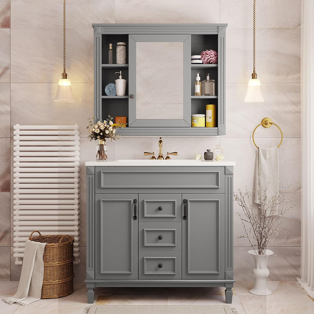Virubi Bathroom Medicine Cabinet with Mirror, 35' W x 27.5' H Wall Cabinet with Door and Adjustable Shelves, Over Toilet Storage Cabinet, Wall-Mounted Bathroom Mirrors for Over Sink