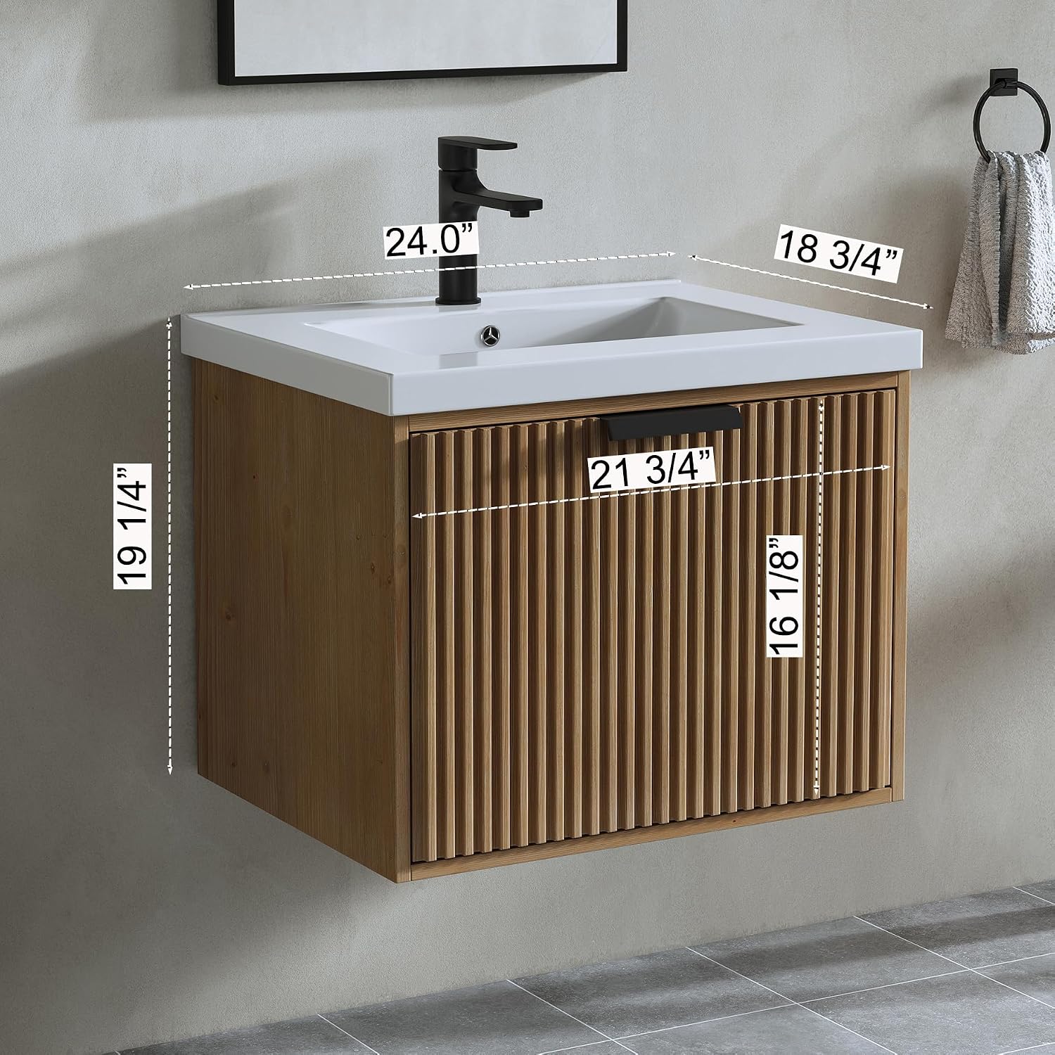 24' Single Bathroom Vanity with Ceramic Sink, Undermount Sink Cabinet, 2 Soft Clossing Drawers, Floating Storage Cabinet with White Sink, Natural Brown