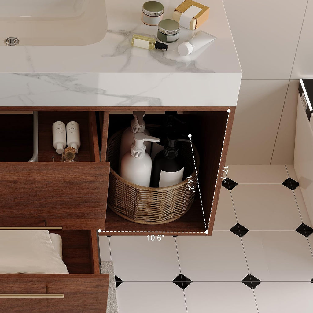 40 inch Bathroom Vanity with Ceramic Sink and Stone Marble Counter Top Modern Wall Mounted Floating Bathroom Sink Cabinet with 2 Drawers&2 Open Shelves&Gold Metal Handle, Walnut