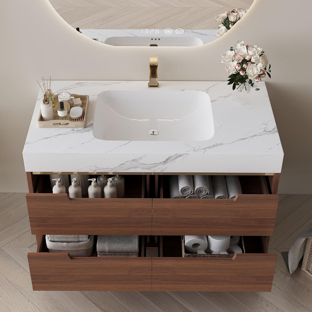 36' Bathroom Vanity with Undermount Sink Set, Modern 2-IN-1 Wall Mounted & Freestanding Bathroom Vanities Cabinet with Sintered Stone top&4 Storage Drawers, Walnut Single Bathroom Sink Cabinet