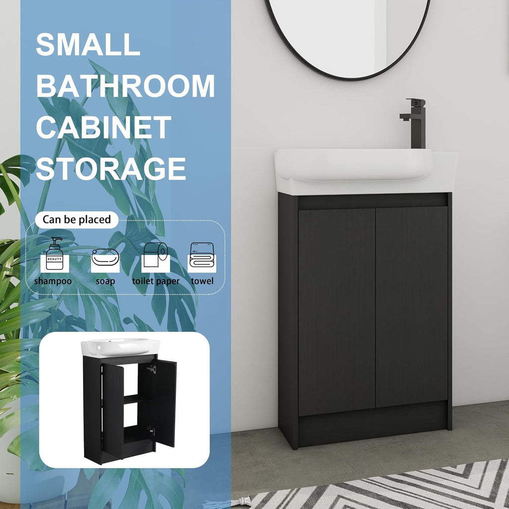 23' Small Bathroom Vanity with Sink, Freestanding Cabinet with Round Ceramic Basin, Soft Closing Doors, Adjustable Shelves, Modern Single Sink Vanity for Small Space, Black