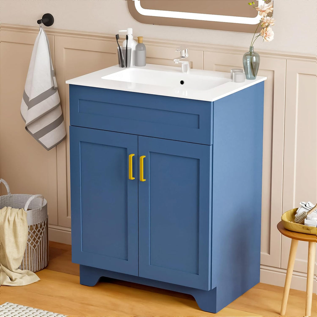 24 Inch Bathroom Vanity with Ceramic Basin and Countertop, Modern Bathroom Vanity with Sink, Narrow Design for Small Bathroom (Blue Shaker)