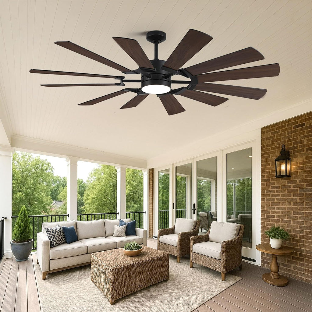 72 Inch Black Ceiling Fan with Light, 12 Dual-finish Blades Large Outdoor Ceiling Fan, Modern Industrial Cieling Fan with Reversible DC Motor, 3CCT, Dimmable LED for Garage, Patio, Indoor, Outdoor