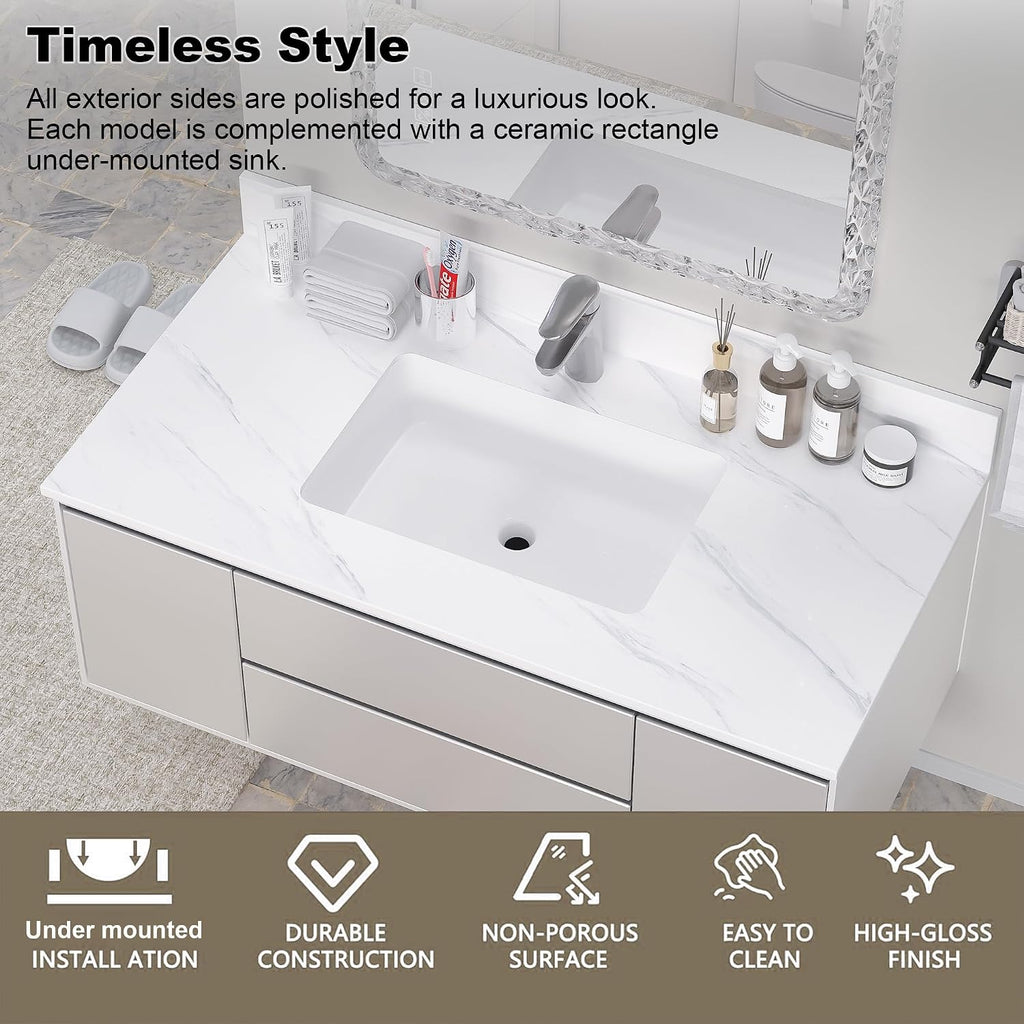 43 Inch Marble Vanity Top with Sink, Sintered Stone Vanity Sink Top with Undermount Ceramic Sink & Backsplash, Single Hole Countertops for Bathroom (Elegant White)