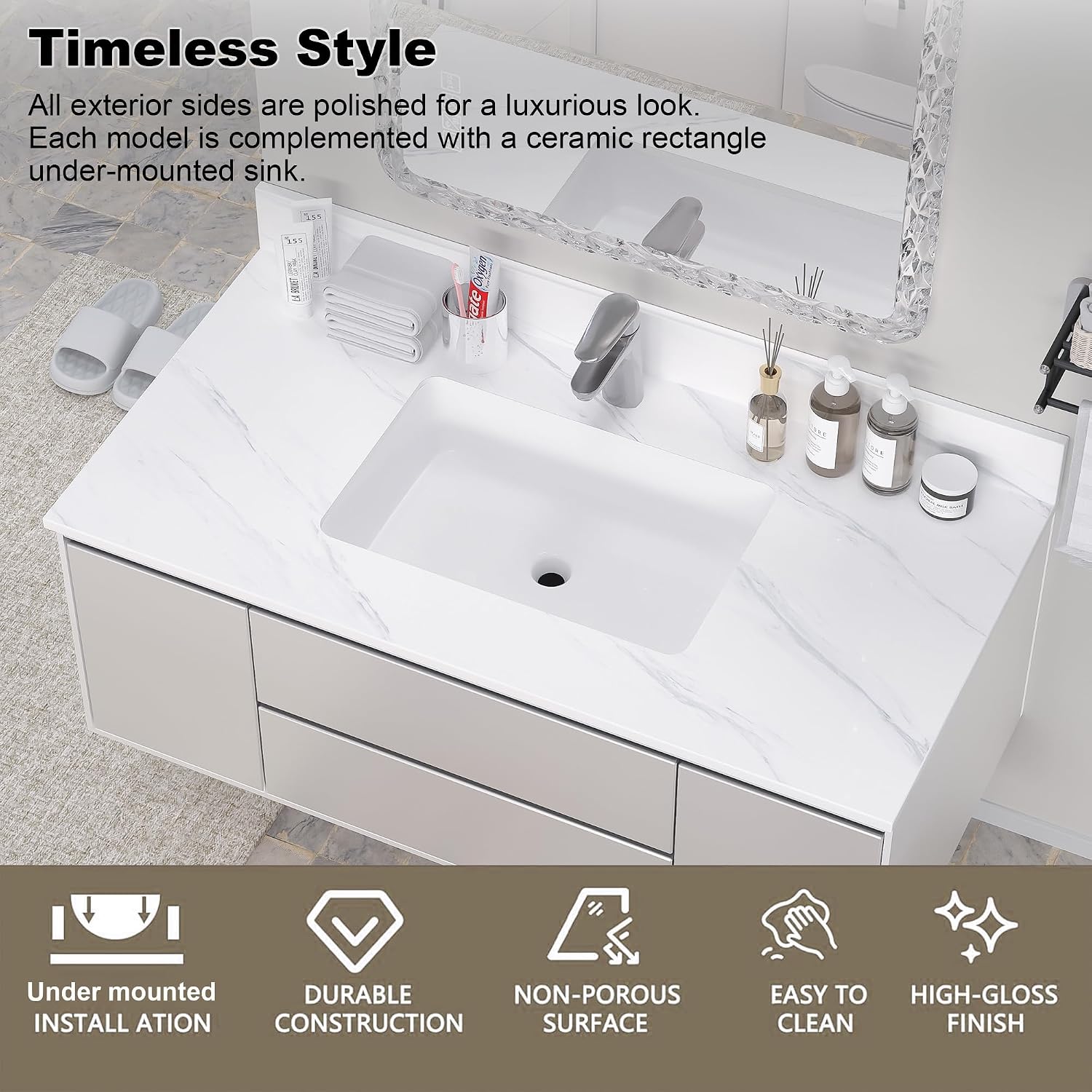 43 Inch Marble Vanity Top with Sink, Sintered Stone Vanity Sink Top with Undermount Ceramic Sink & Backsplash, Single Hole Countertops for Bathroom (Elegant White)