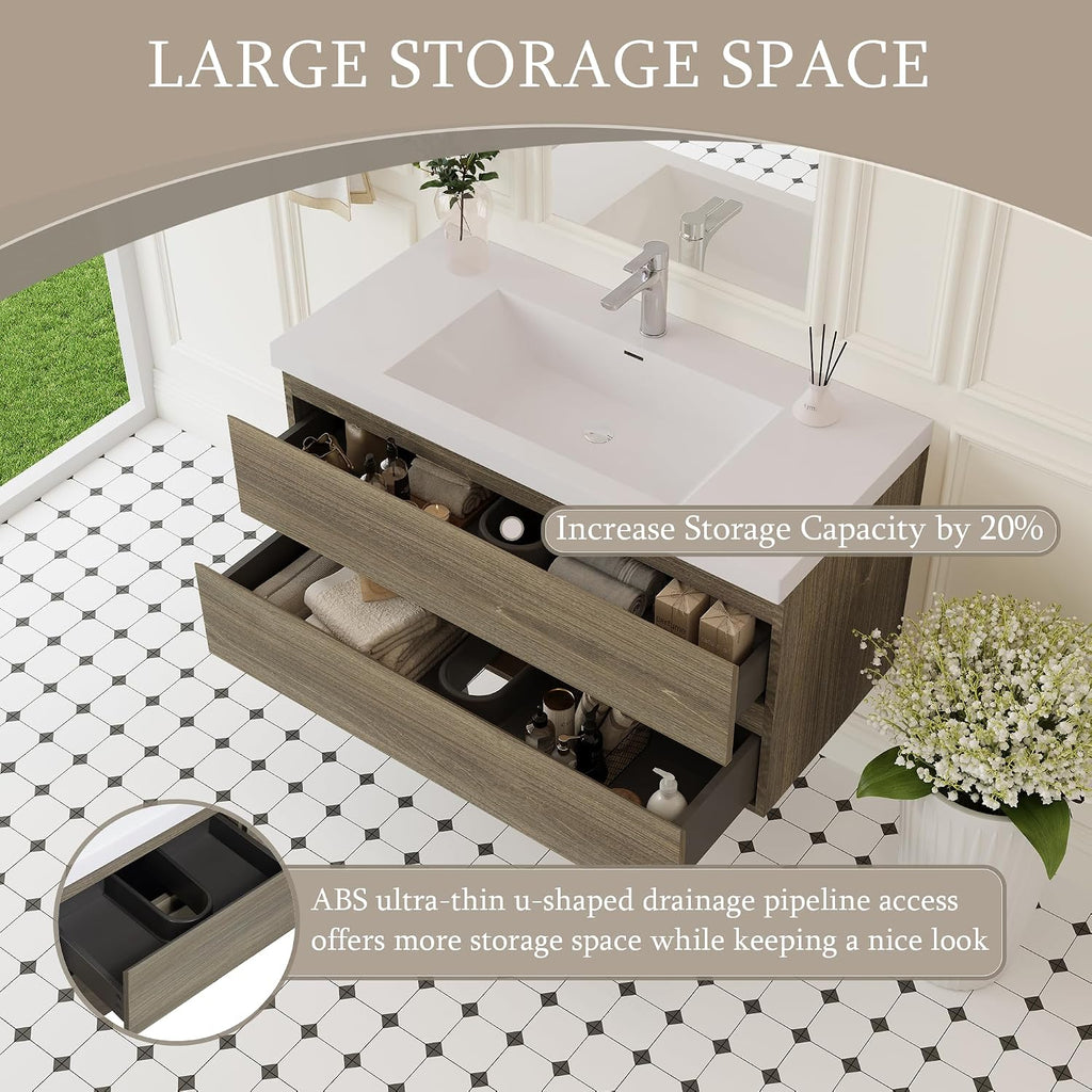 42' Floating Bathroom Vanity with Sink, Wall Mounted Bathroom Storage Vanity Cabinet with Solid Top Basin and Soft Close Drawers, Ash Grey
