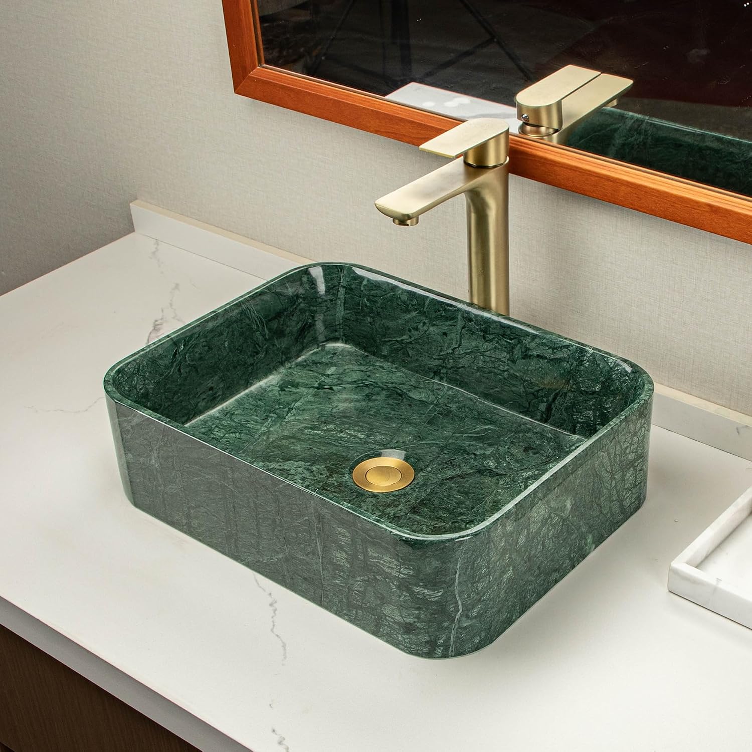 Green Square Stone Sink, Bathroom Vessel Sink, made of natural marble with irregular green veining, creates a luxurious and sophisticated bathroom vanity or countertop.