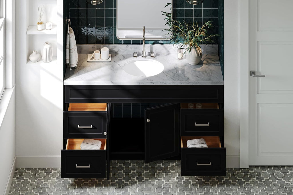 ARIEL Hamlet 66-inch Bathroom Vanity with Sink,Solid Wood, 1.5-inch Italian Carrara Marble Countertop & Backsplash, Single Oval Porcelain Sink, 2 Soft Closing Doors, 4 Dovetail Drawers, Black