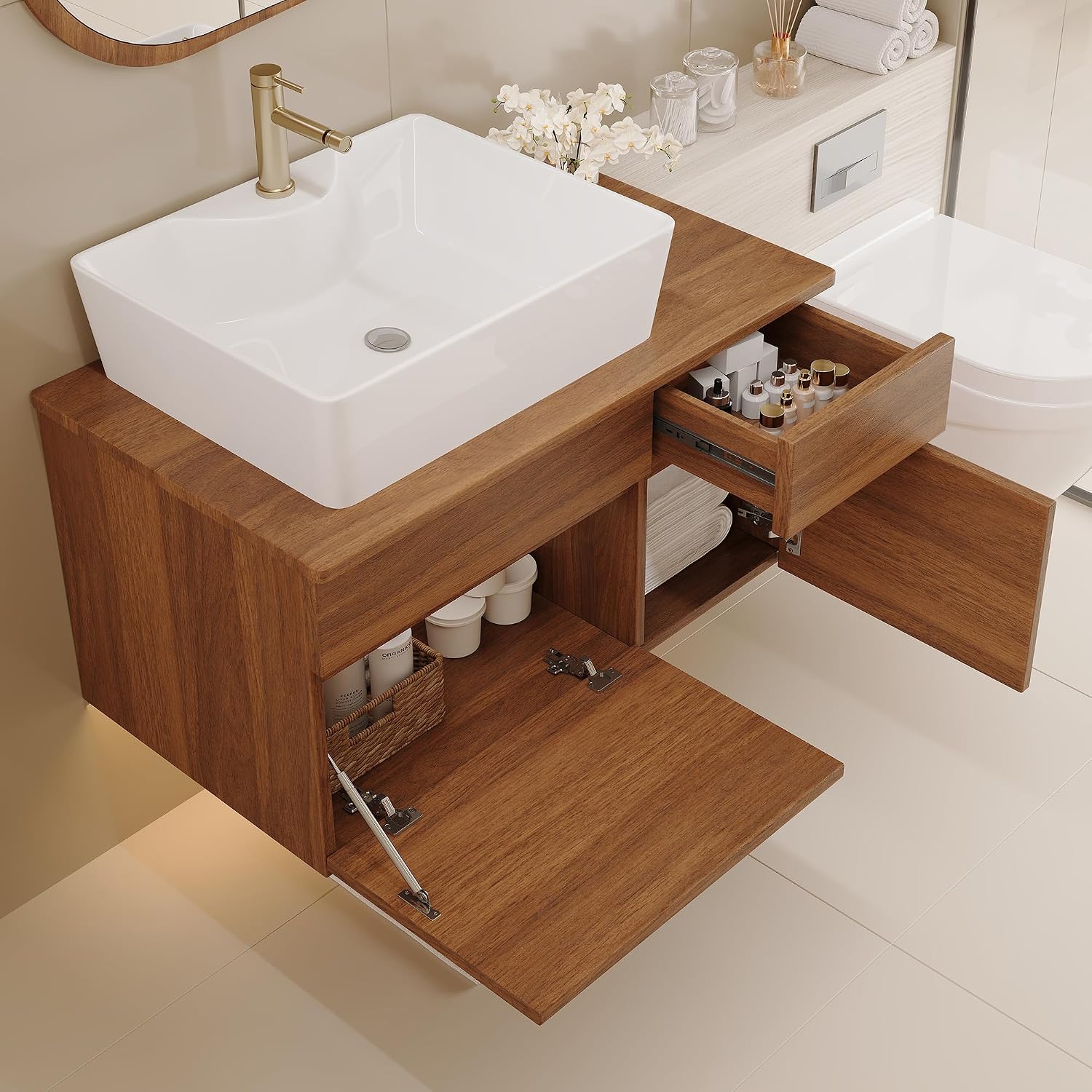 32' Floating Bathroom Vanity with Single Sink, Modern Wall Mounted Bathroom Vanities with Above Ceramic Basin, Wood Bathroom Vanity Cabinet with 1 Drawers and 2 Storage Cabinets, Walnut