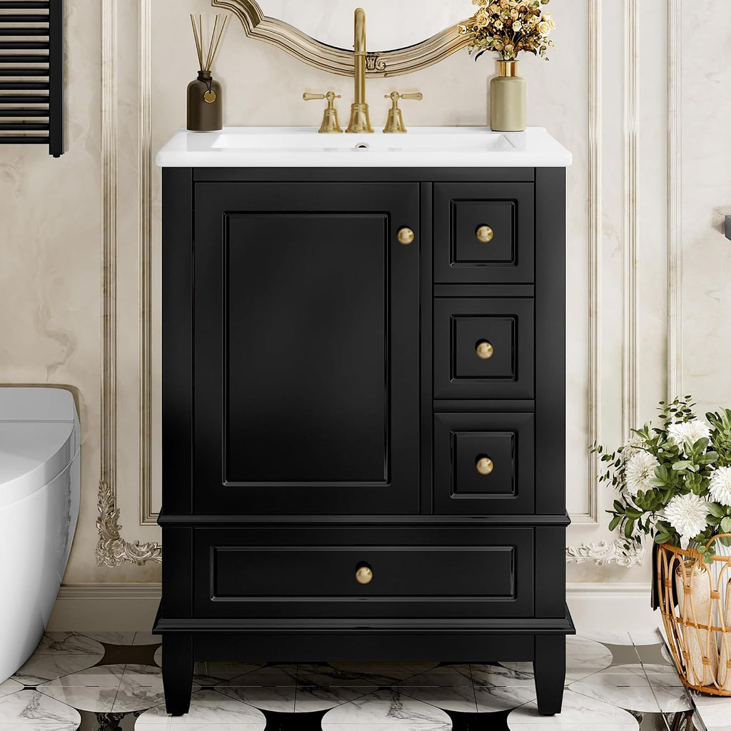 24' Modern Freestanding Bathroom Vanity with Ceramic Sink Top, 3 Drawers & Storage Shelves - MDF & Solid Wood Base