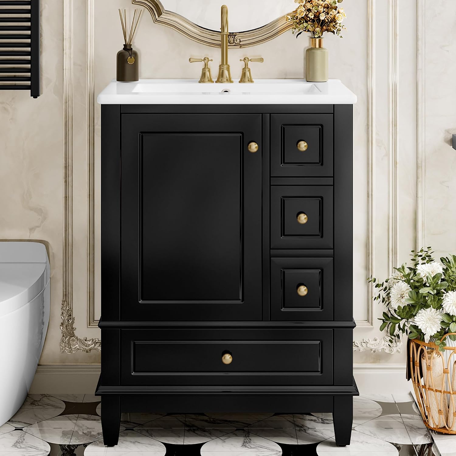 24' Modern Freestanding Bathroom Vanity with Ceramic Sink Top, 3 Drawers & Storage Shelves - MDF & Solid Wood Base