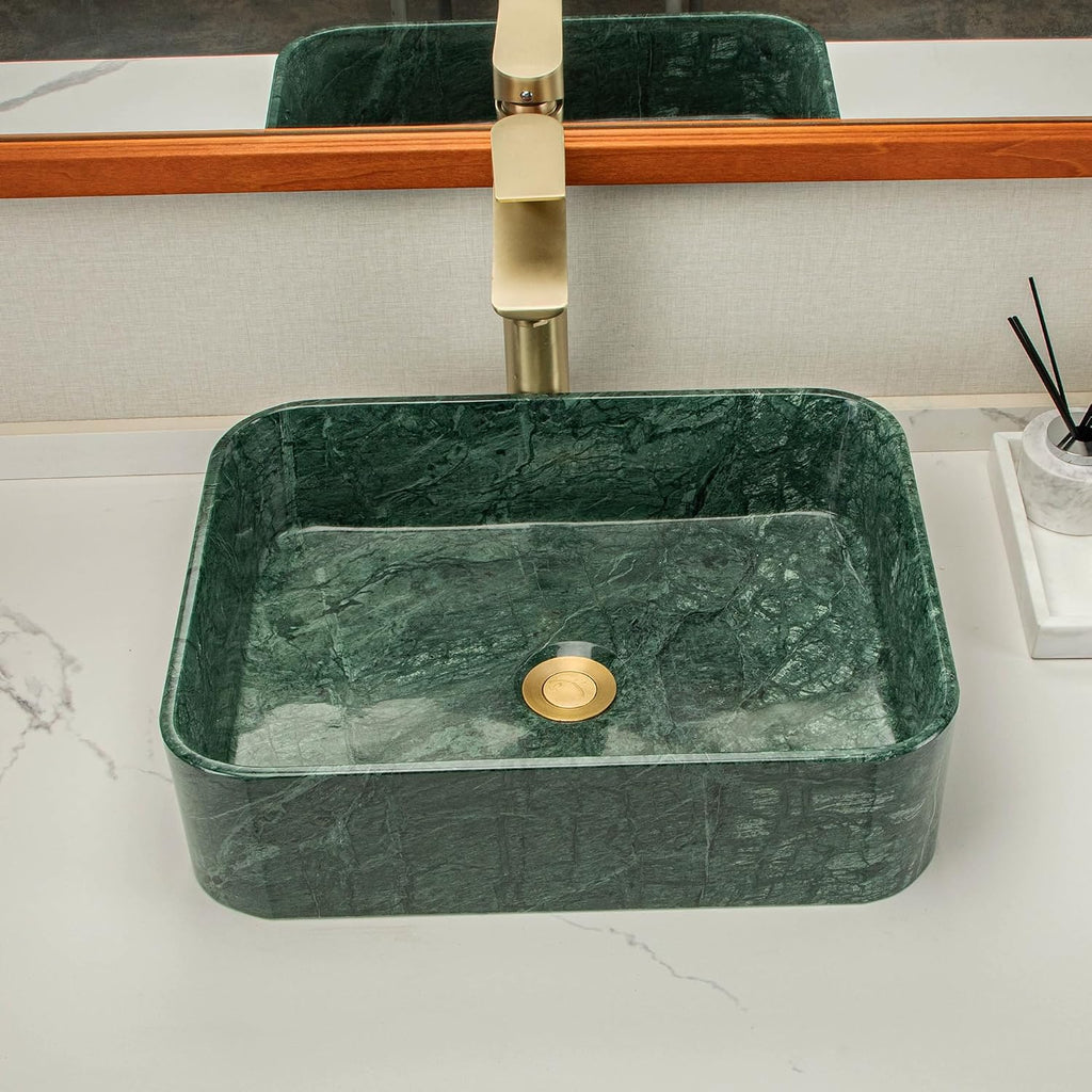 Green Square Stone Sink, Bathroom Vessel Sink, made of natural marble with irregular green veining, creates a luxurious and sophisticated bathroom vanity or countertop.
