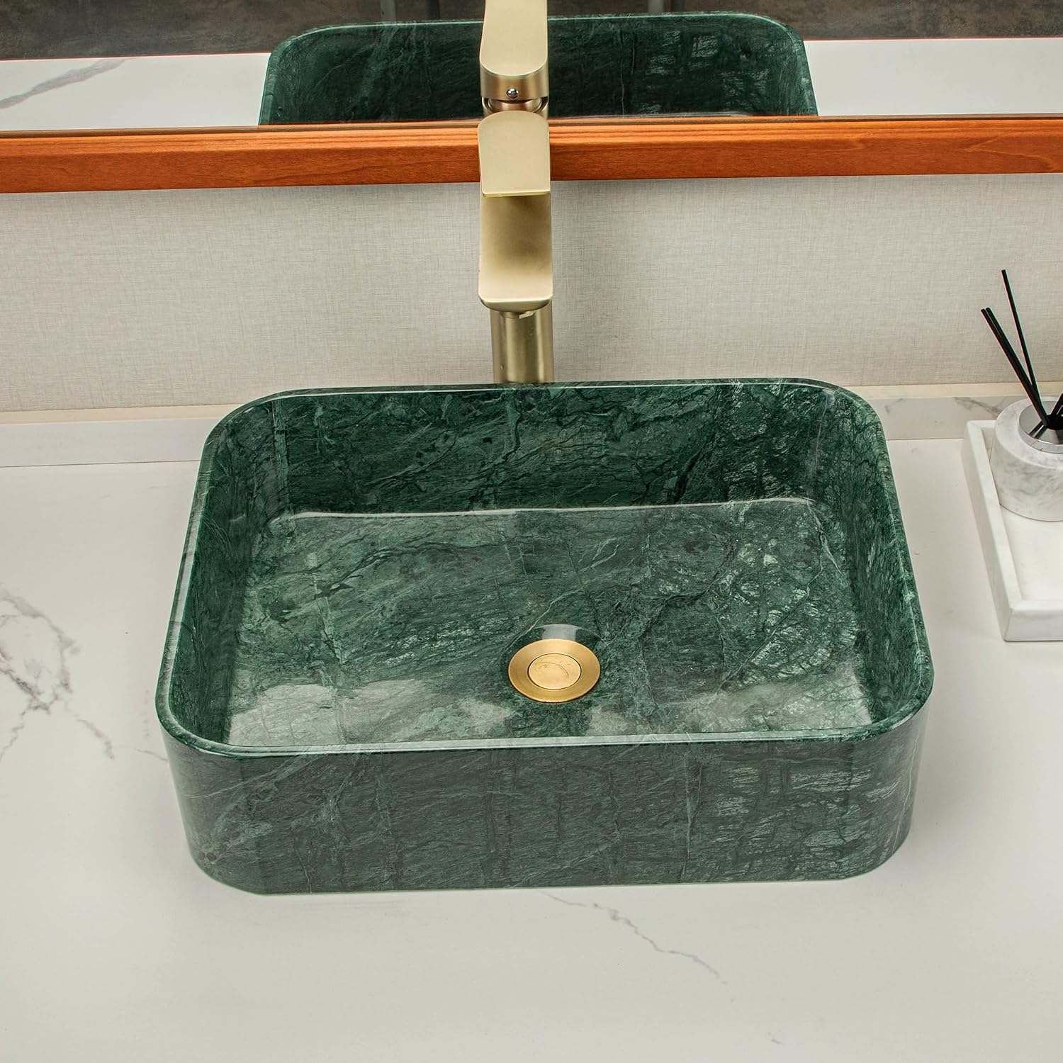 Green Square Stone Sink, Bathroom Vessel Sink, made of natural marble with irregular green veining, creates a luxurious and sophisticated bathroom vanity or countertop.
