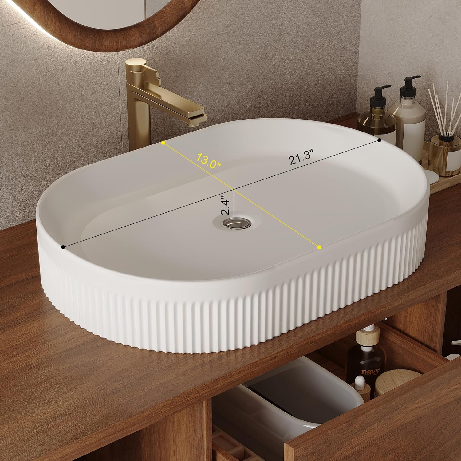 40 Inch Modern Bathroom Vanity Floating Bathroom Vanities with Above Oval Sink 40' Wall Mounted Bathroom Sink Cabinet with 2 Drawers & 2 Open Shelves & Gold Metal Handle, Walnut