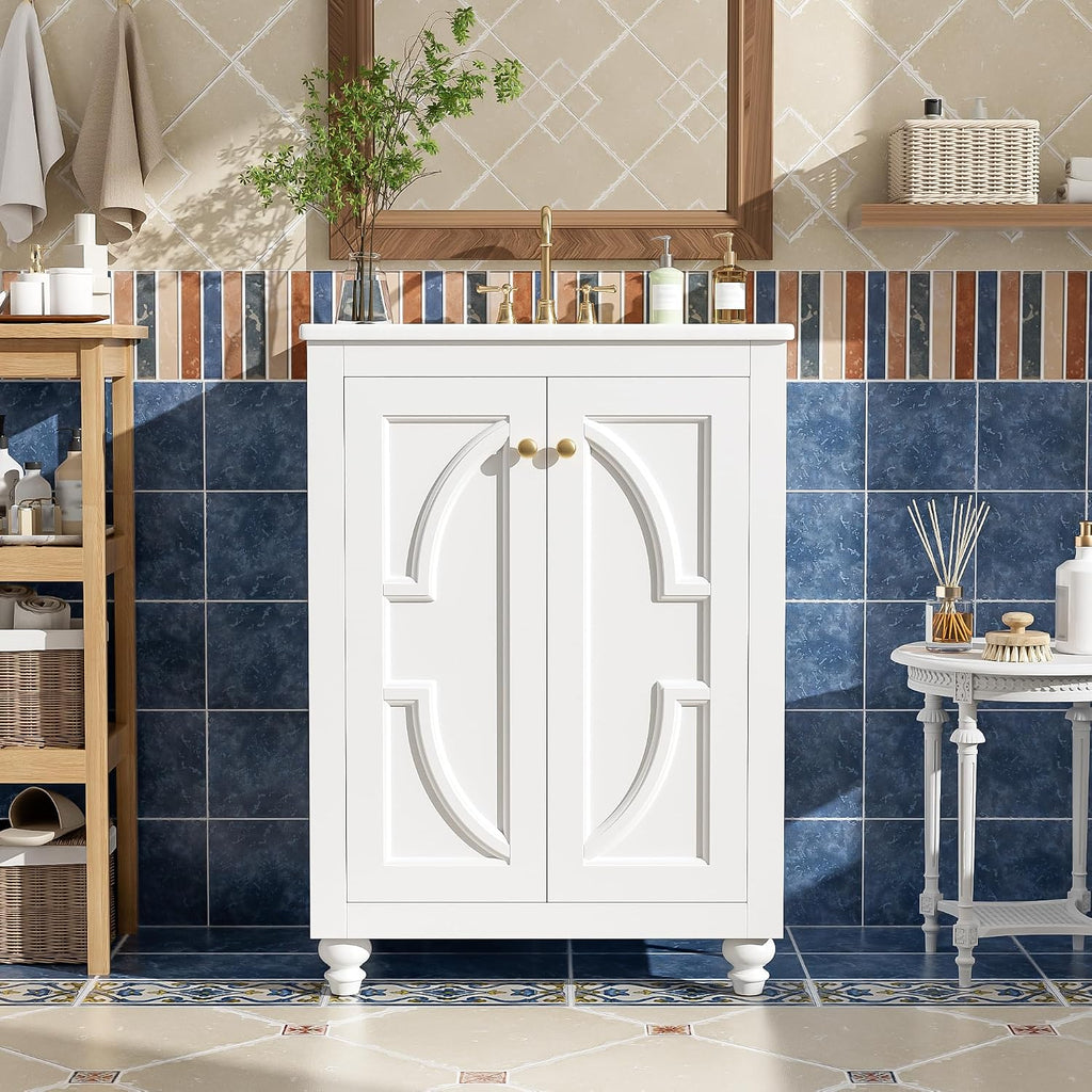 VilroCaz 24' Modern Bathroom Vanity with Ceramic Sink, Ornate Elliptical Motif Design & Soft-Close Hinges, Wood Bathroom Cabinet with Ball-Turned Legs, French Elegance (White-Ele)