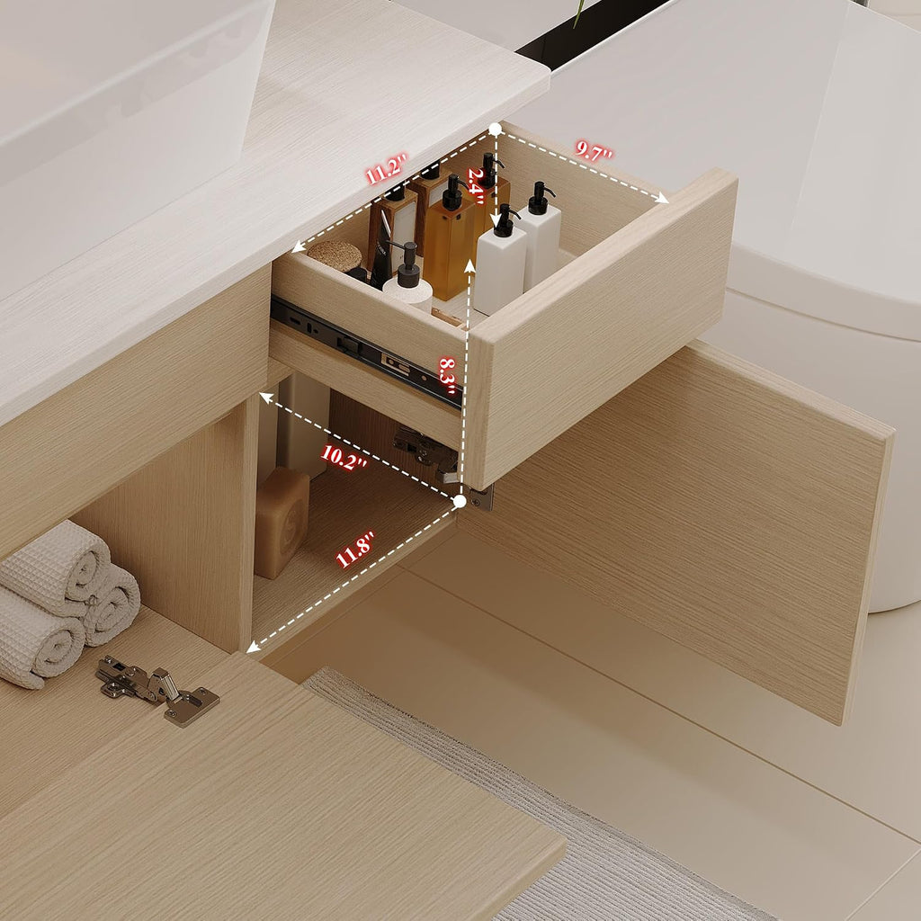 32' Floating Bathroom Vanity with Single Sink, Modern Wall Mounted Bathroom Vanities with Above Ceramic Basin, Wood Bathroom Vanity Cabinet with 1 Drawers and 2 Storage Cabinets, Natural