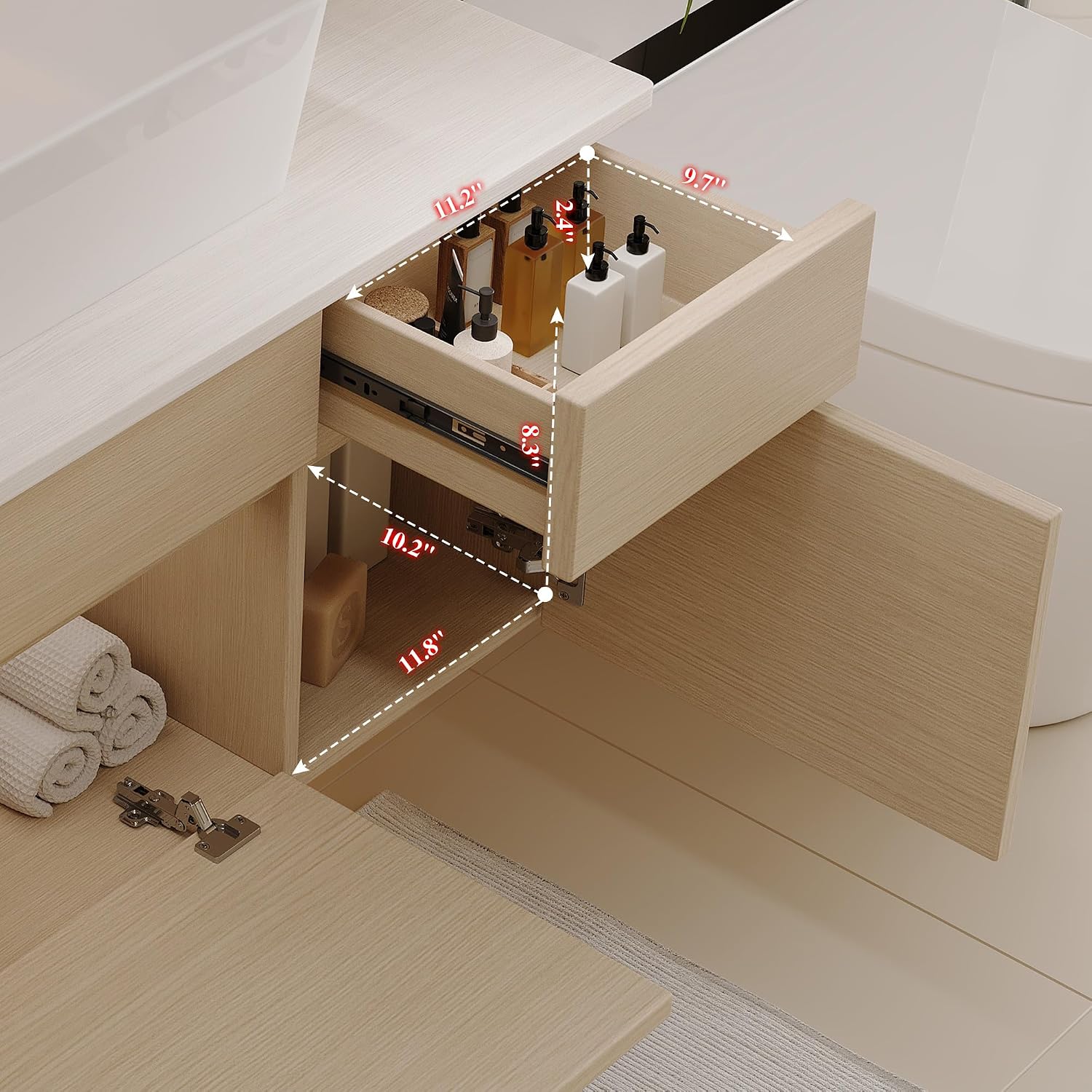 32' Floating Bathroom Vanity with Single Sink, Modern Wall Mounted Bathroom Vanities with Above Ceramic Basin, Wood Bathroom Vanity Cabinet with 1 Drawers and 2 Storage Cabinets, Natural