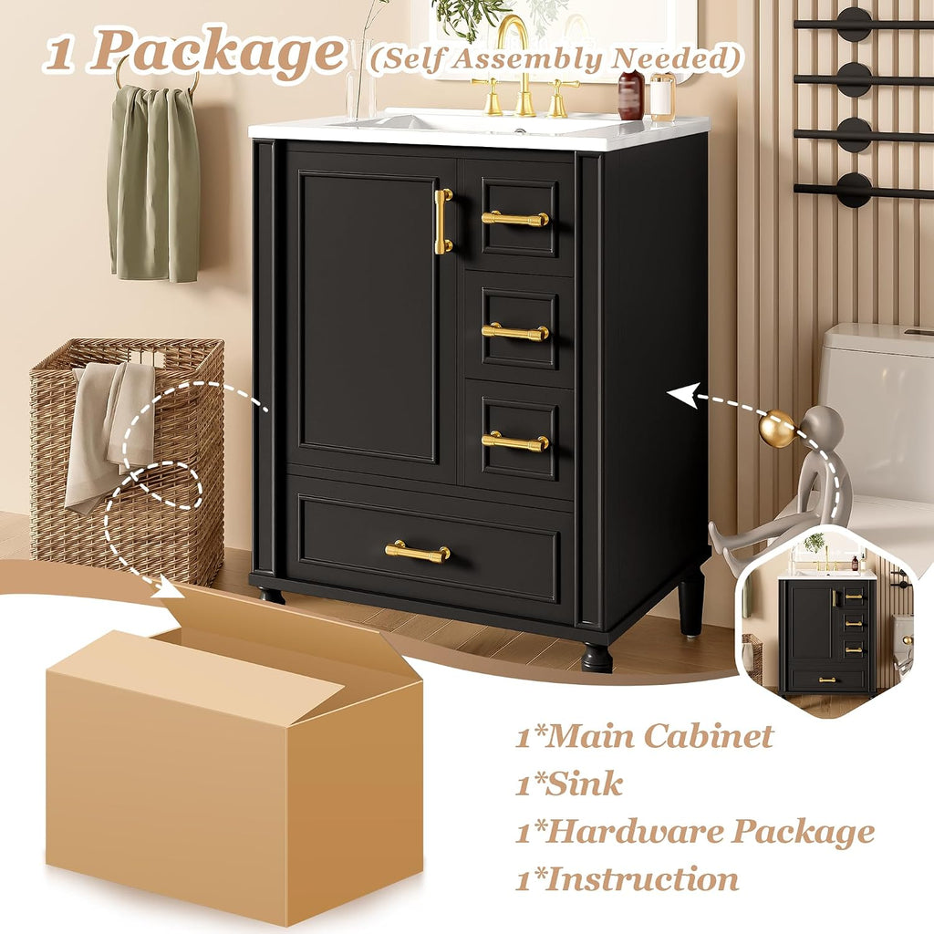Harper & Bright Designs 24' Bathroom Vanity with Sink, Free-Standing Vanity Set with 3 Drawers in Different Sizes, Door-Mounted Rack, Wood Bathroom Cabinet with Ceramic Basin for Bathroom, Black